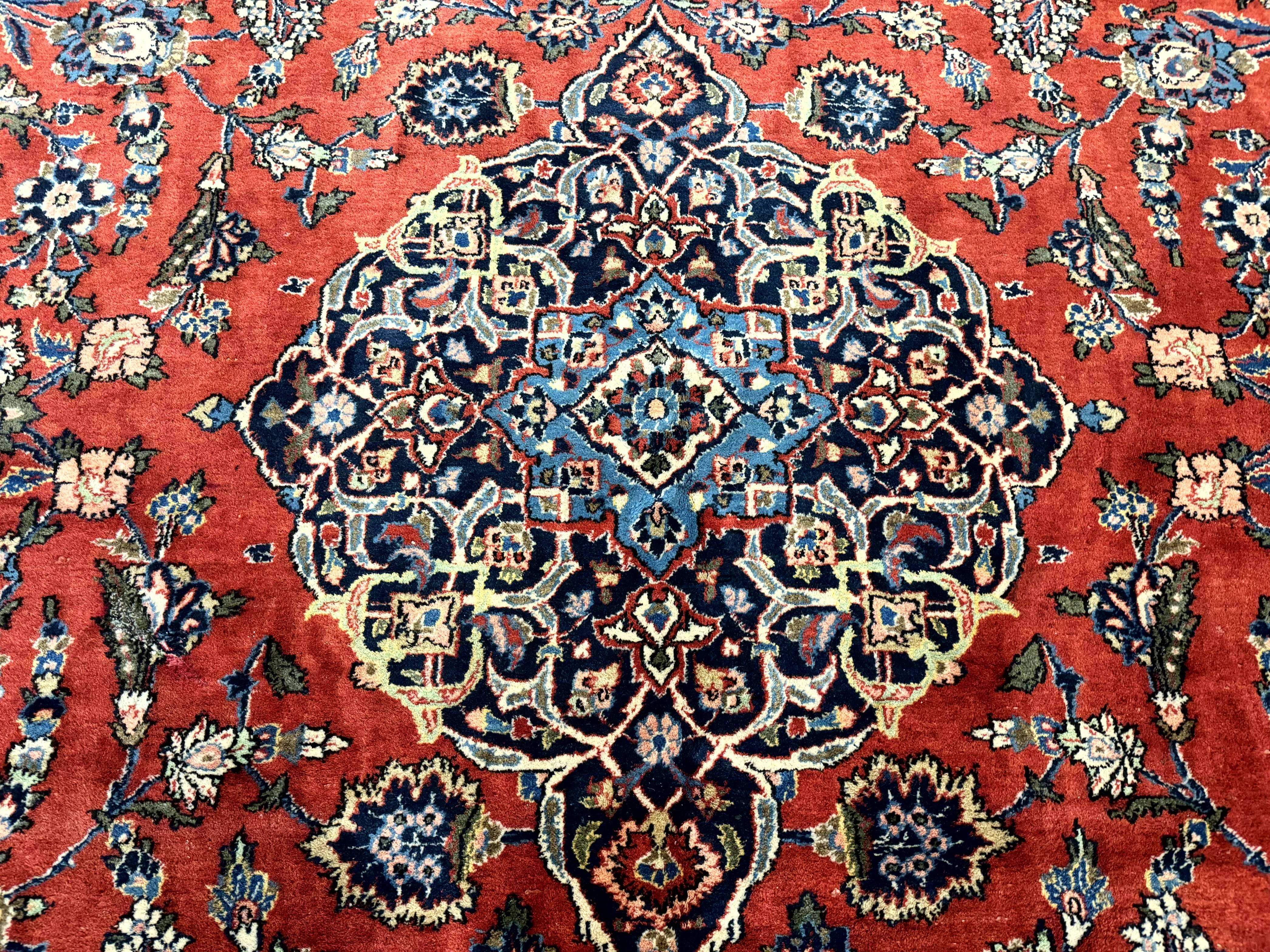 Red Persian Kashan Rug 10x14, Hand-Knotted Semi Antique Floral Medallion Handmade Wool Carpet, Red & Navy Blue - Jewel Rugs