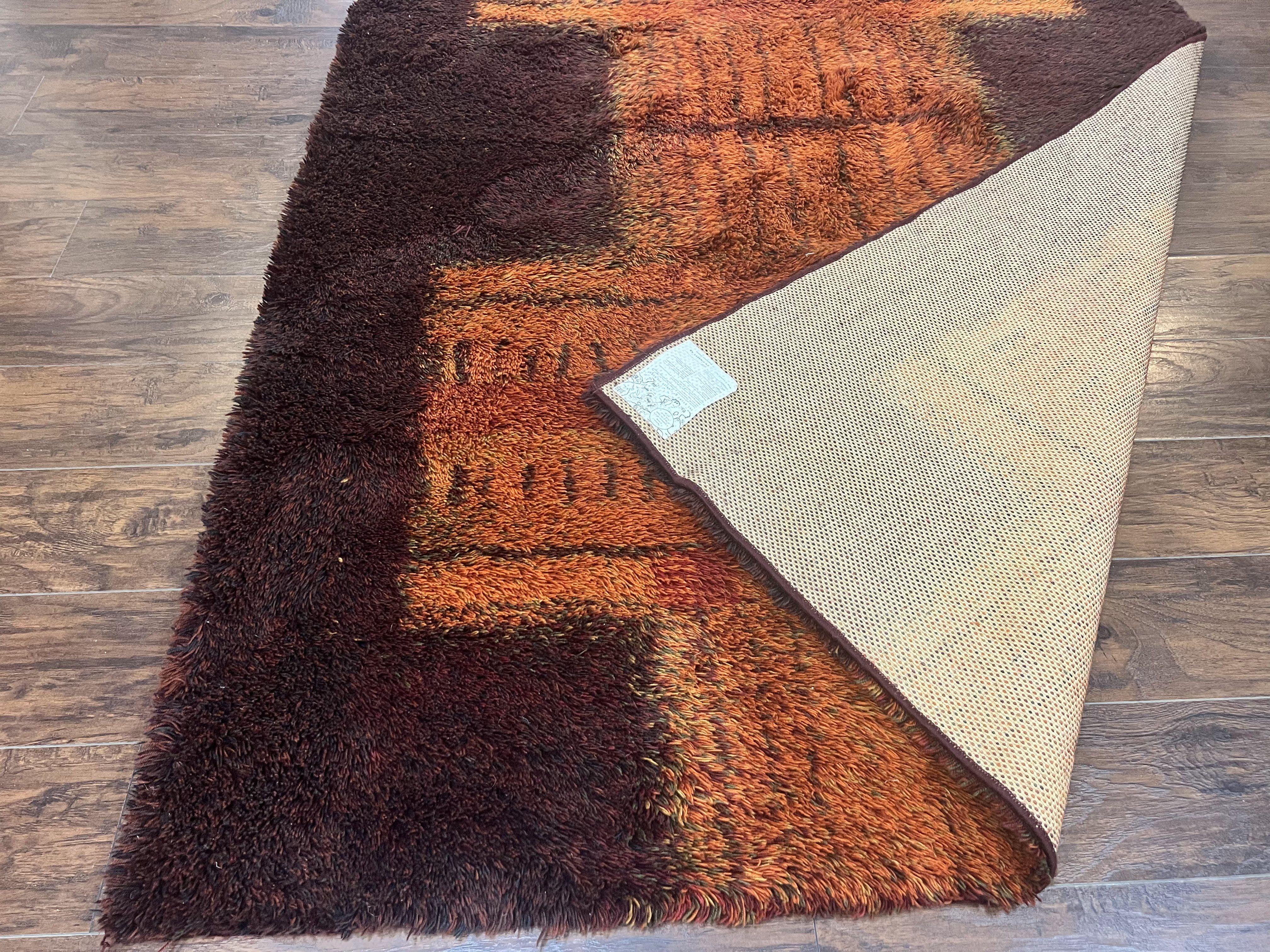 Rya Shag Rug 6x9, Finnish Rya Carpet, Mid Century Vintage Rug, Modern Abstract Design, Orange Brown, Wool Pile - Jewel Rugs