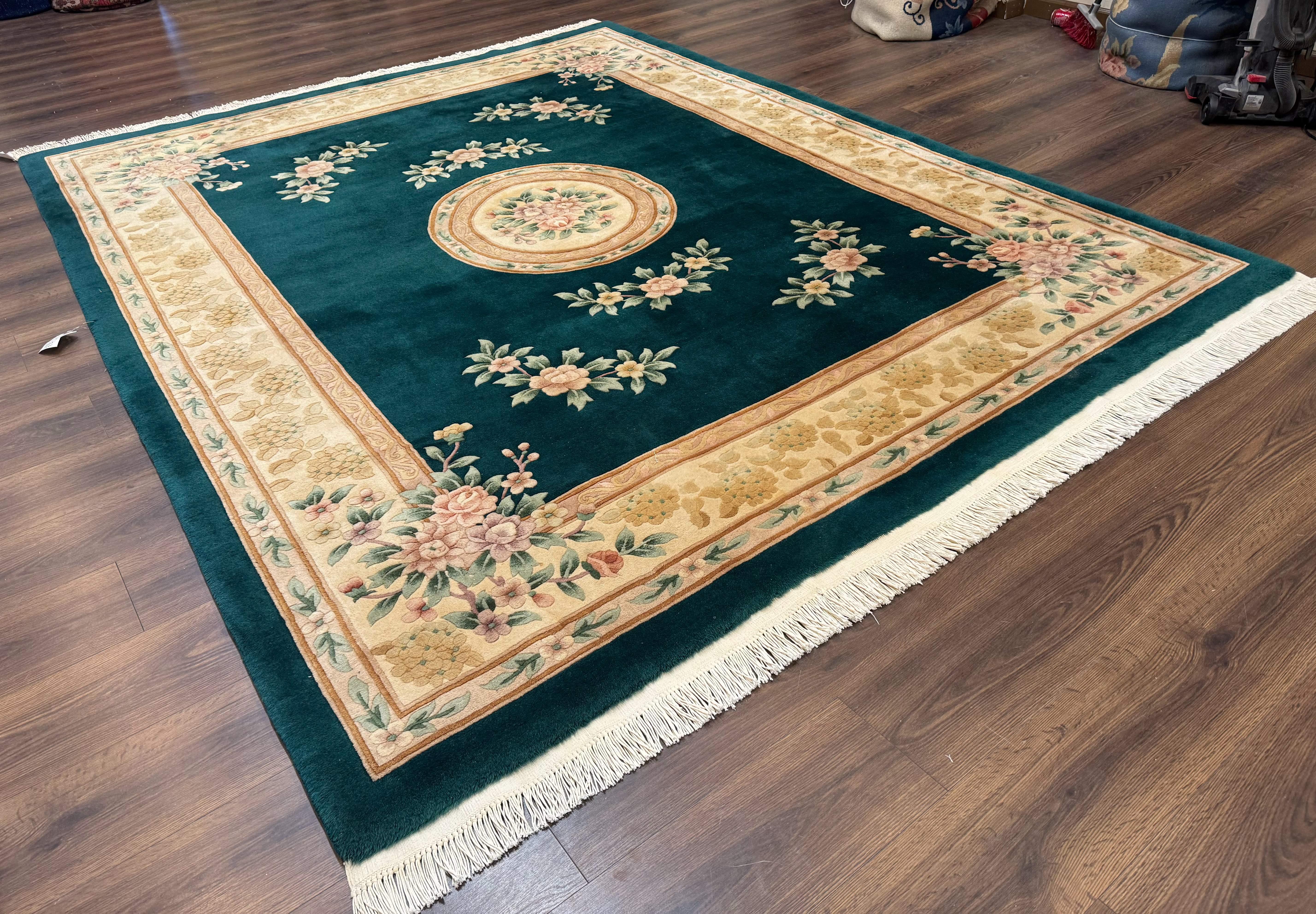 Chinese Wool Rug 8x10, Floral, Soft Thick Pile, Chinese Aubusson 90 Line Rug, Dark Teal and Beige - Jewel Rugs