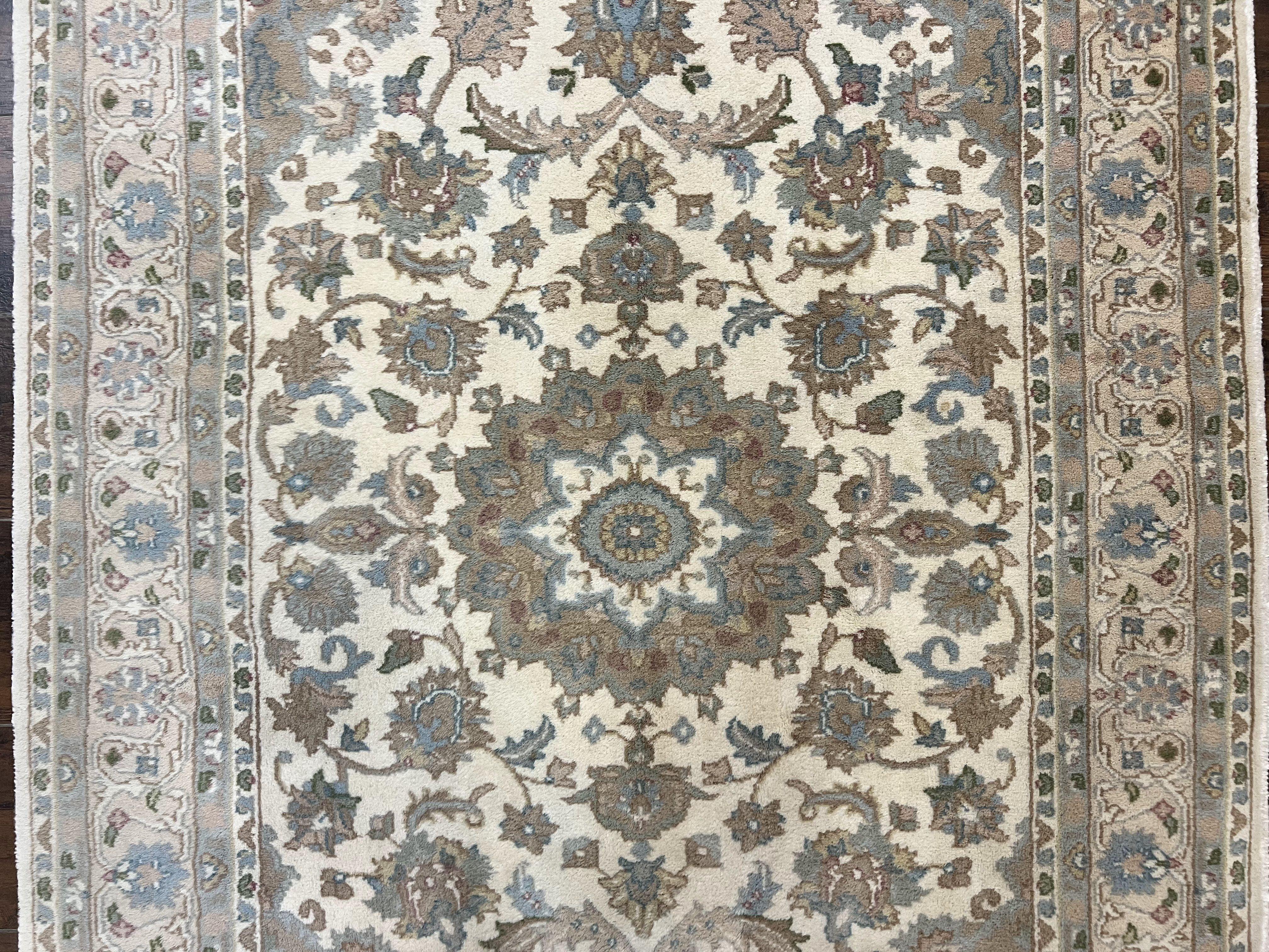 Indo Persian Rug 4x6, Floral Medallion, Beige, Handmade Wool Vintage Carpet 4 x 6 ft - Jewel Rugs