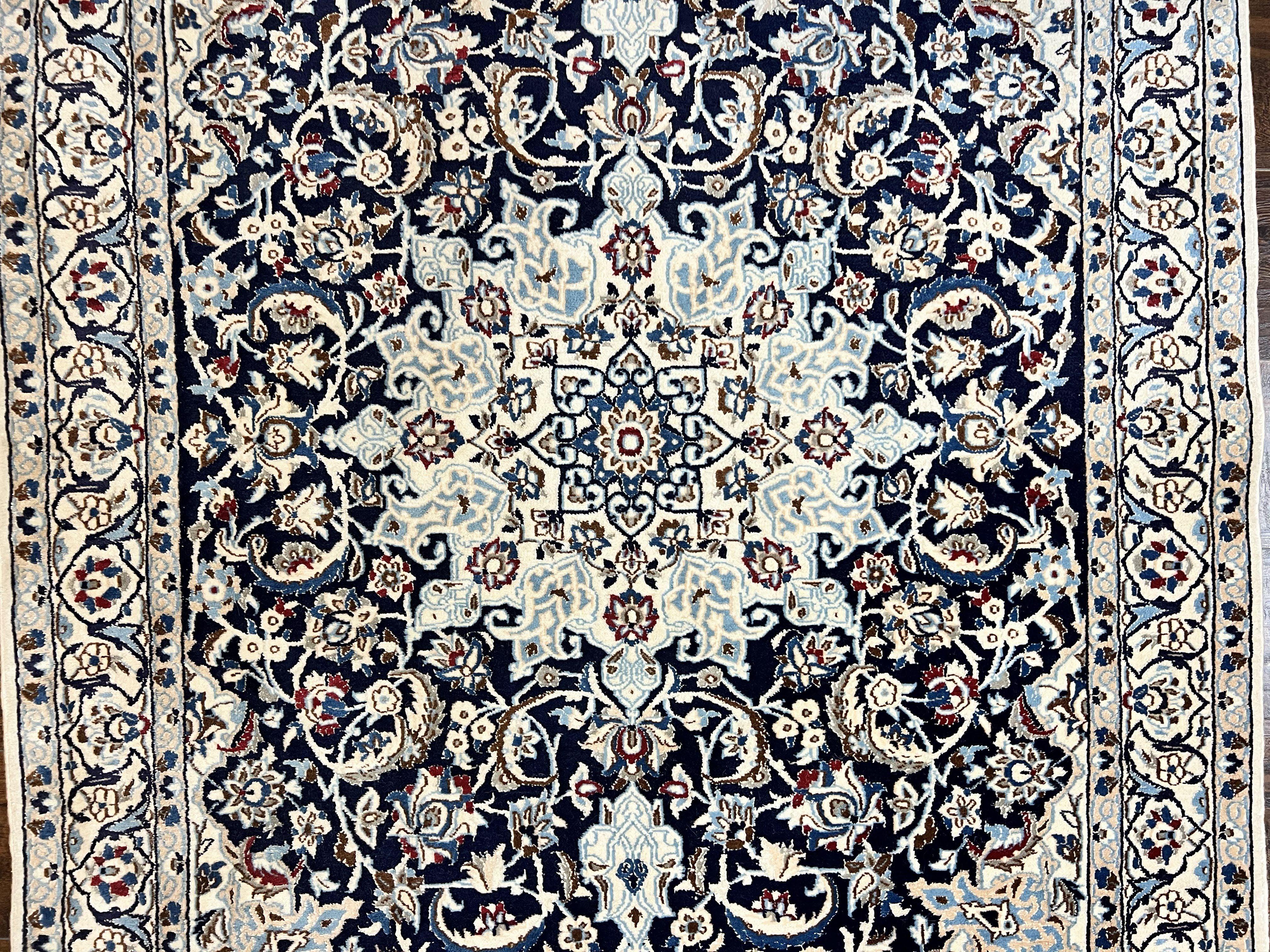 Persian Nain Rug 4x6, Floral, Hand Knotted Vintage Wool & Silk Highlights, Signature from Masterweaver, Navy Blue and Ivory - Jewel Rugs