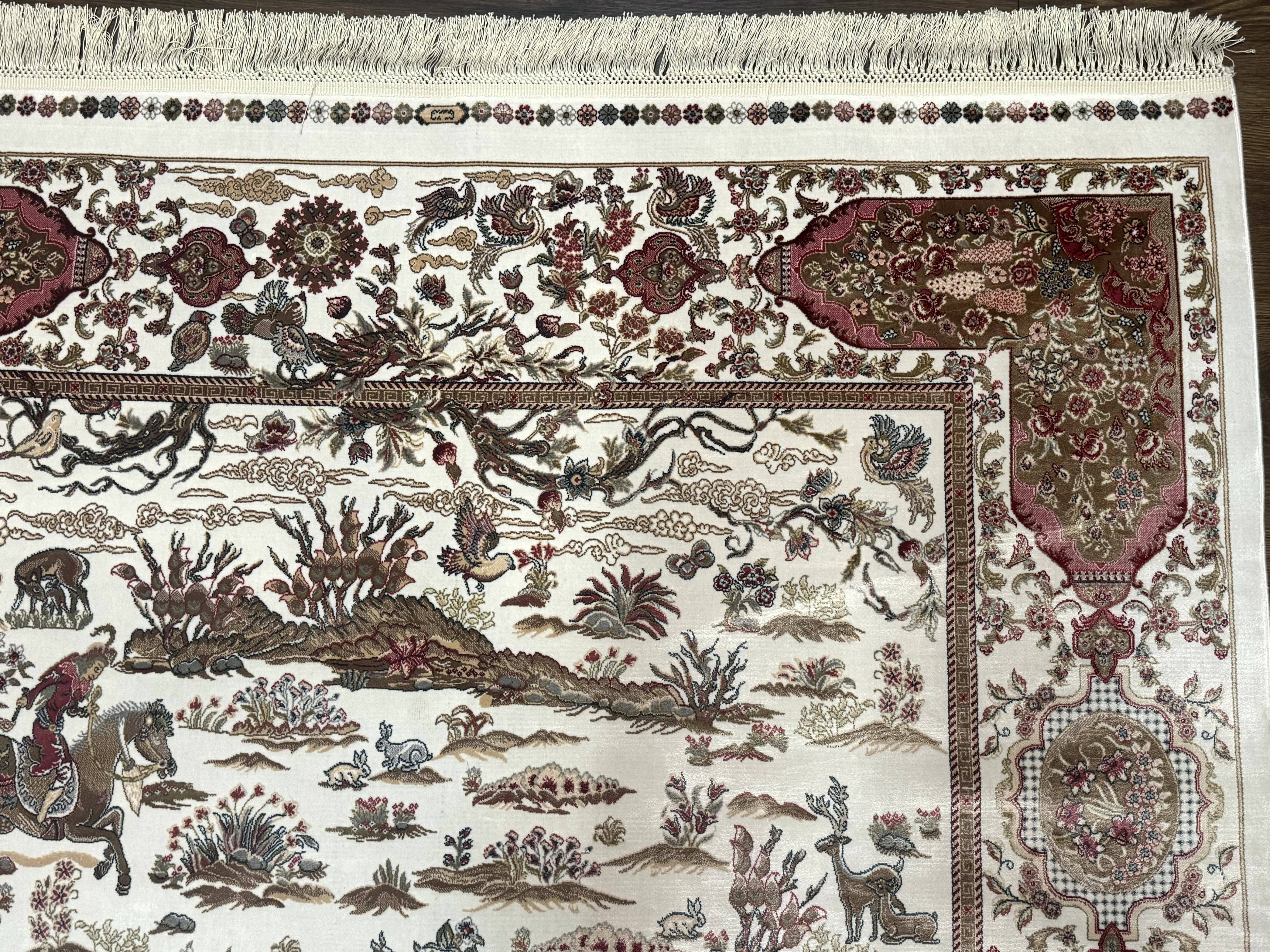 Turkish Silk Rug 5x8, Ivory, Hunting Design, Animal Pictorials, Bamboo Silk - Jewel Rugs