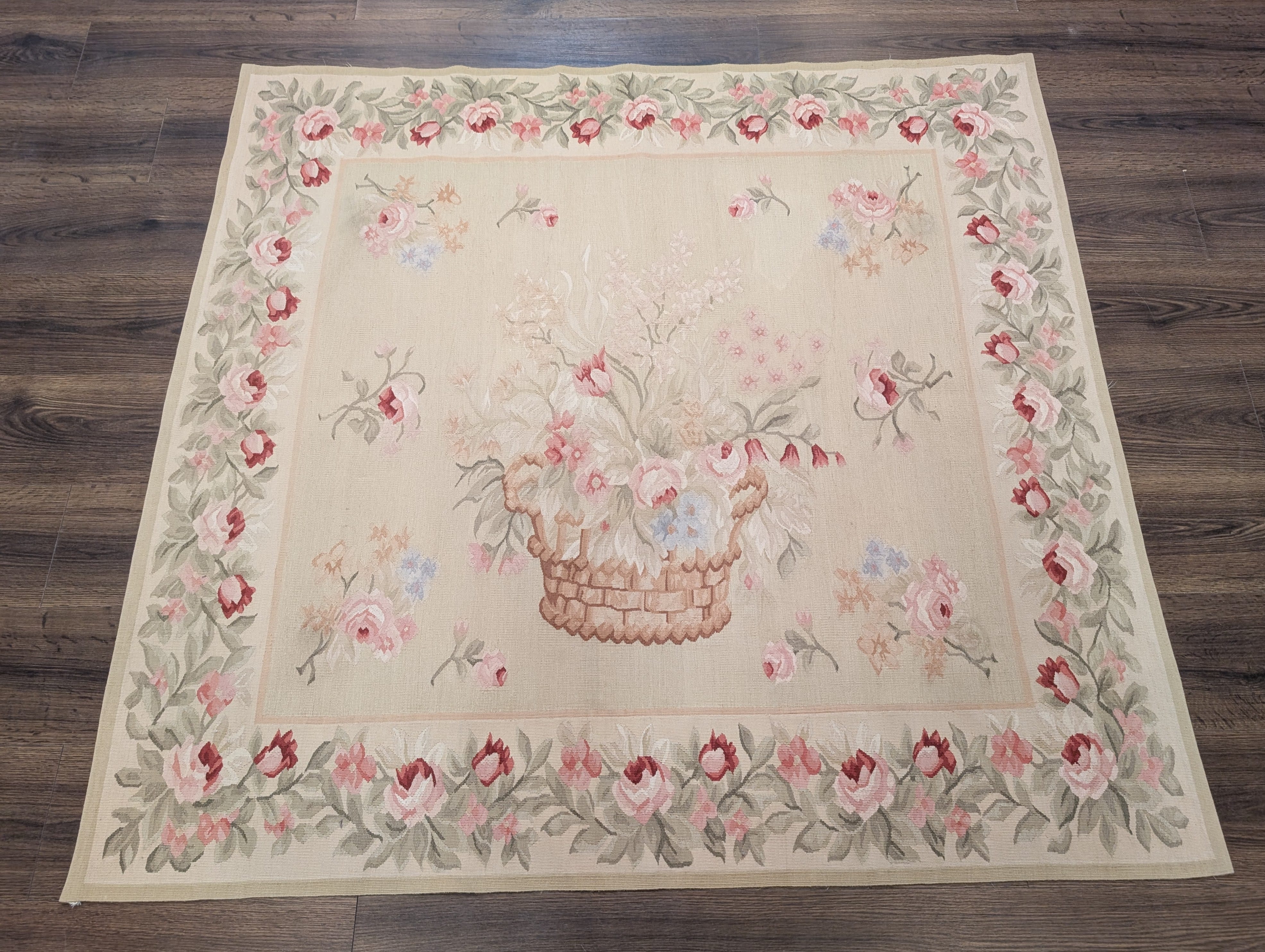 Square Aubusson Rug 4.8 x 5, French Vintage Floral European Wool Carpet - Jewel Rugs