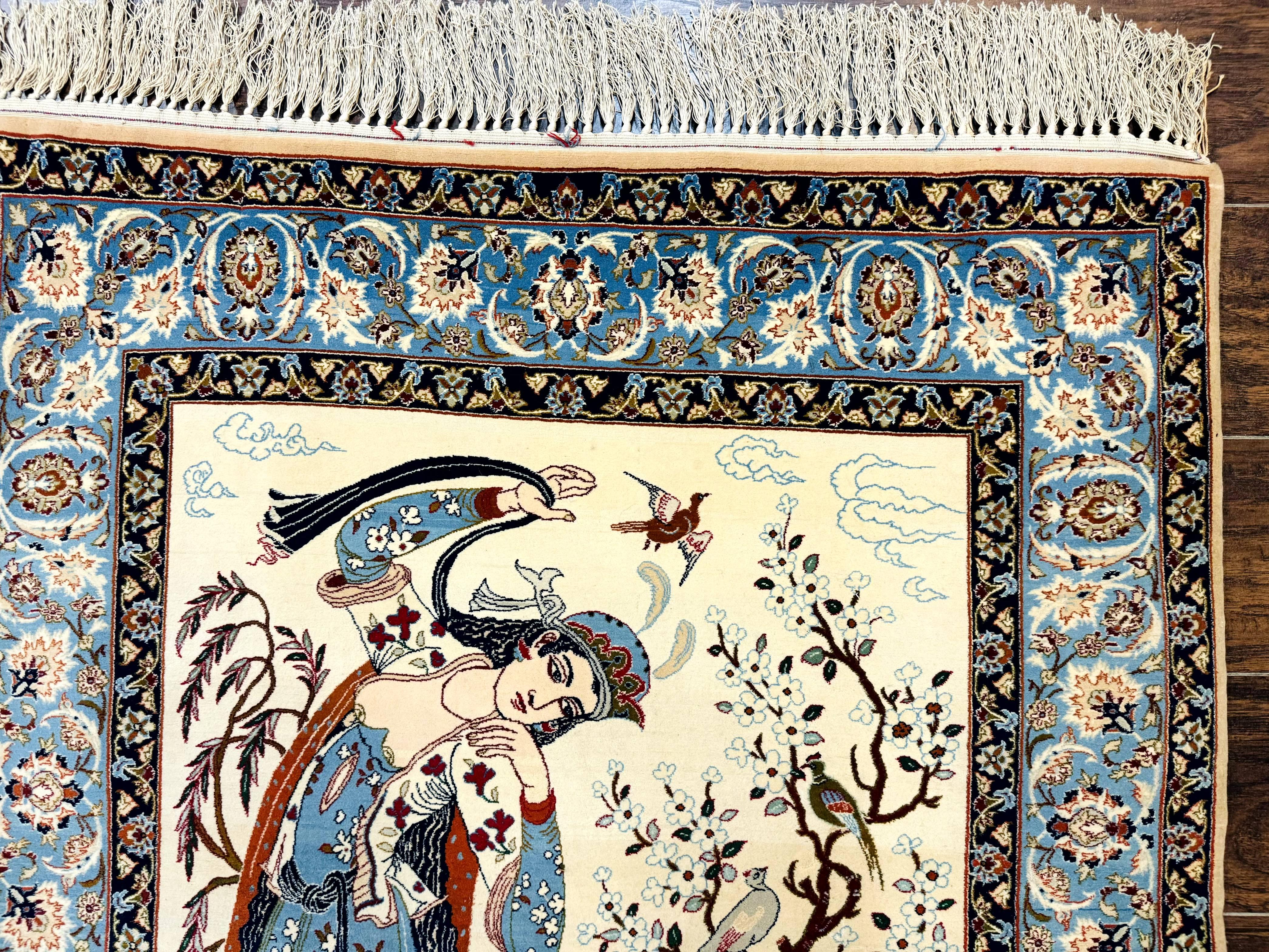 Persian Isfahan Pictorial Rug, Two Lovers, Kork Wool on Silk Foundation, Ivory and Light Blue, 500 KPSI Super Fine - Jewel Rugs