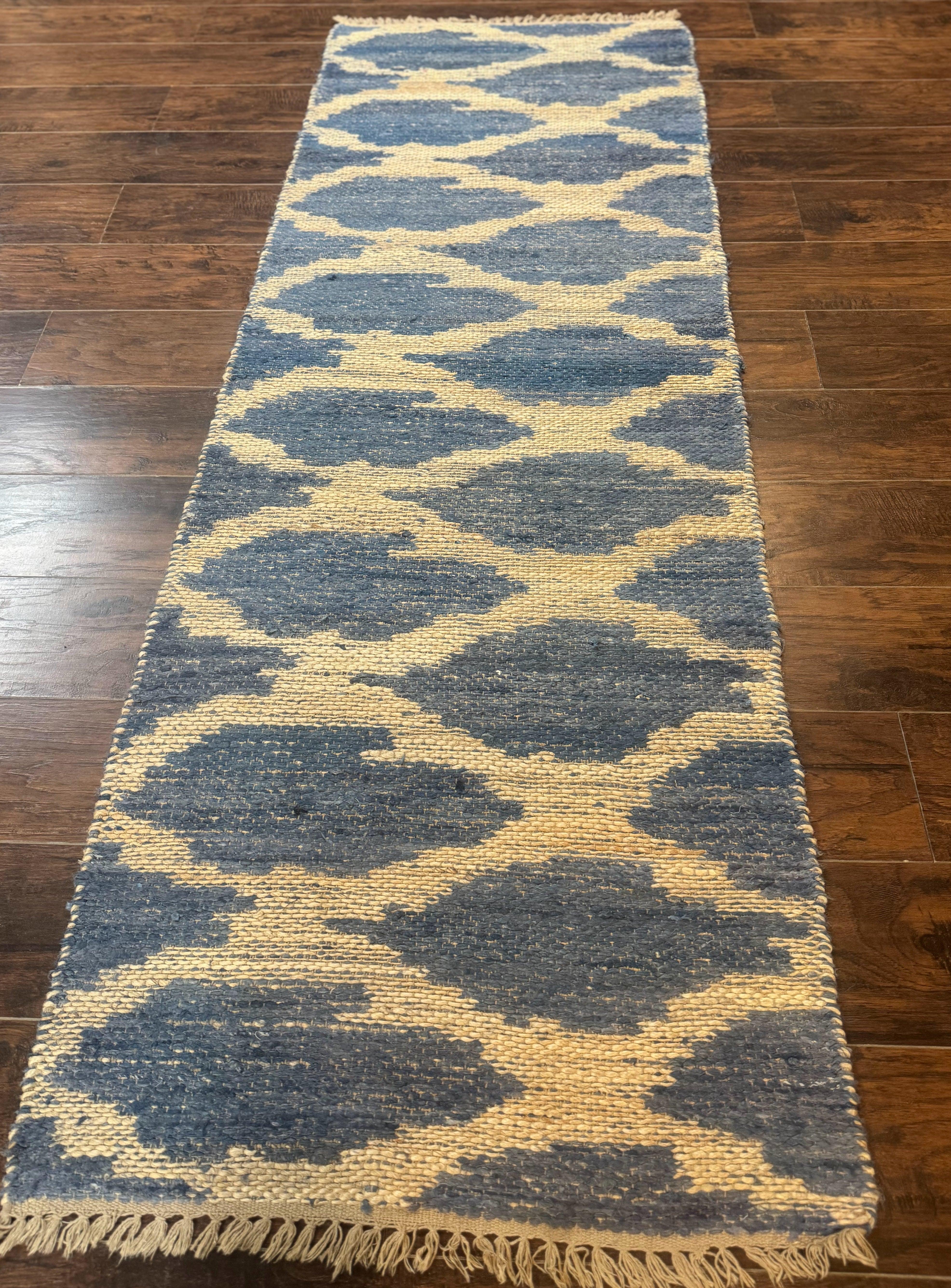 Modern Jute Runner Rug 2.9 x 7.9, Beige and Blue, Handwoven, Kaleen Rug - Jewel Rugs
