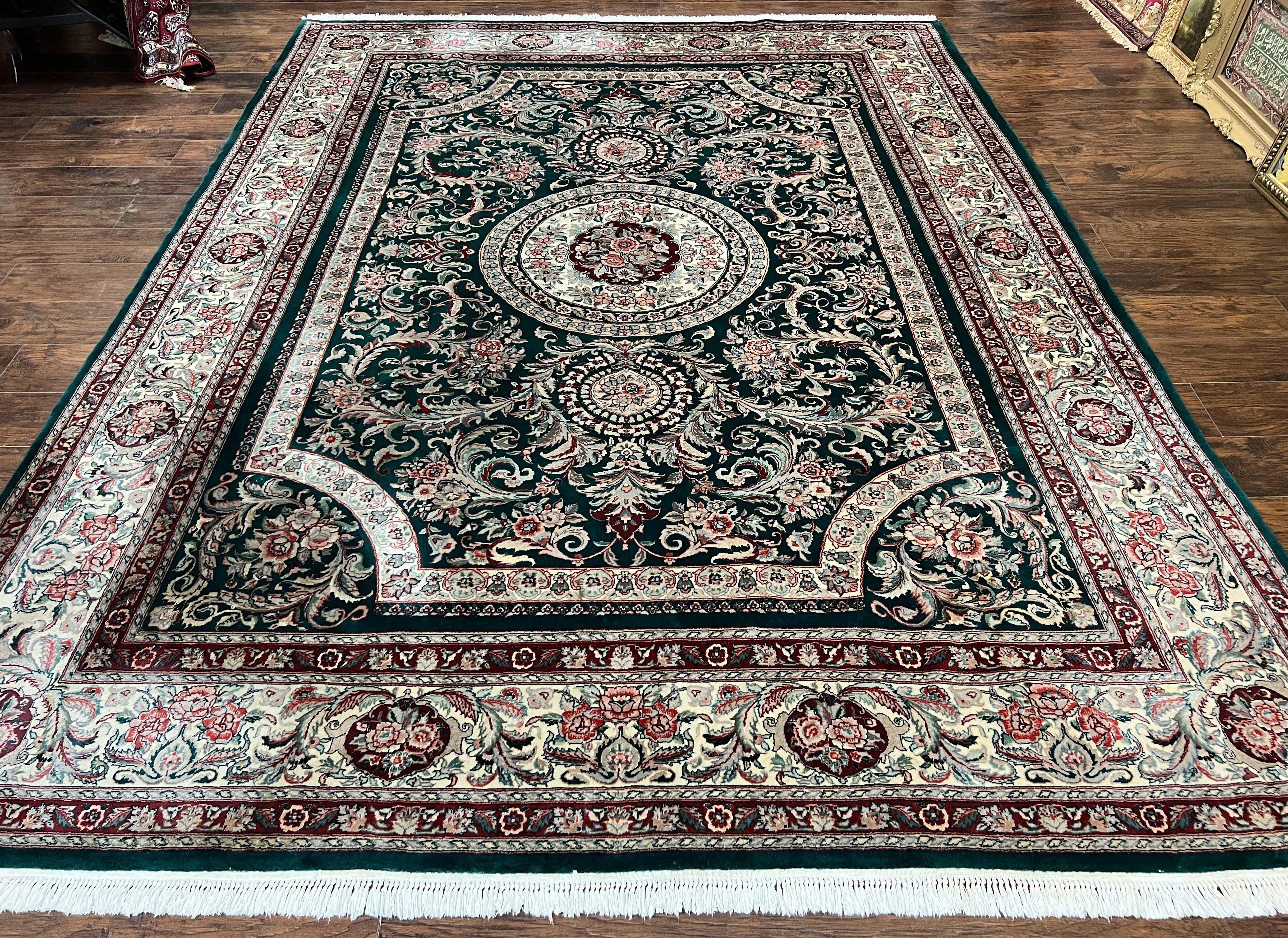 Pak Persian Rug 9x12, Dark Green and Cream, Floral Medallion, Elegant Handmade Wool Carpet 9 x 12 - Jewel Rugs