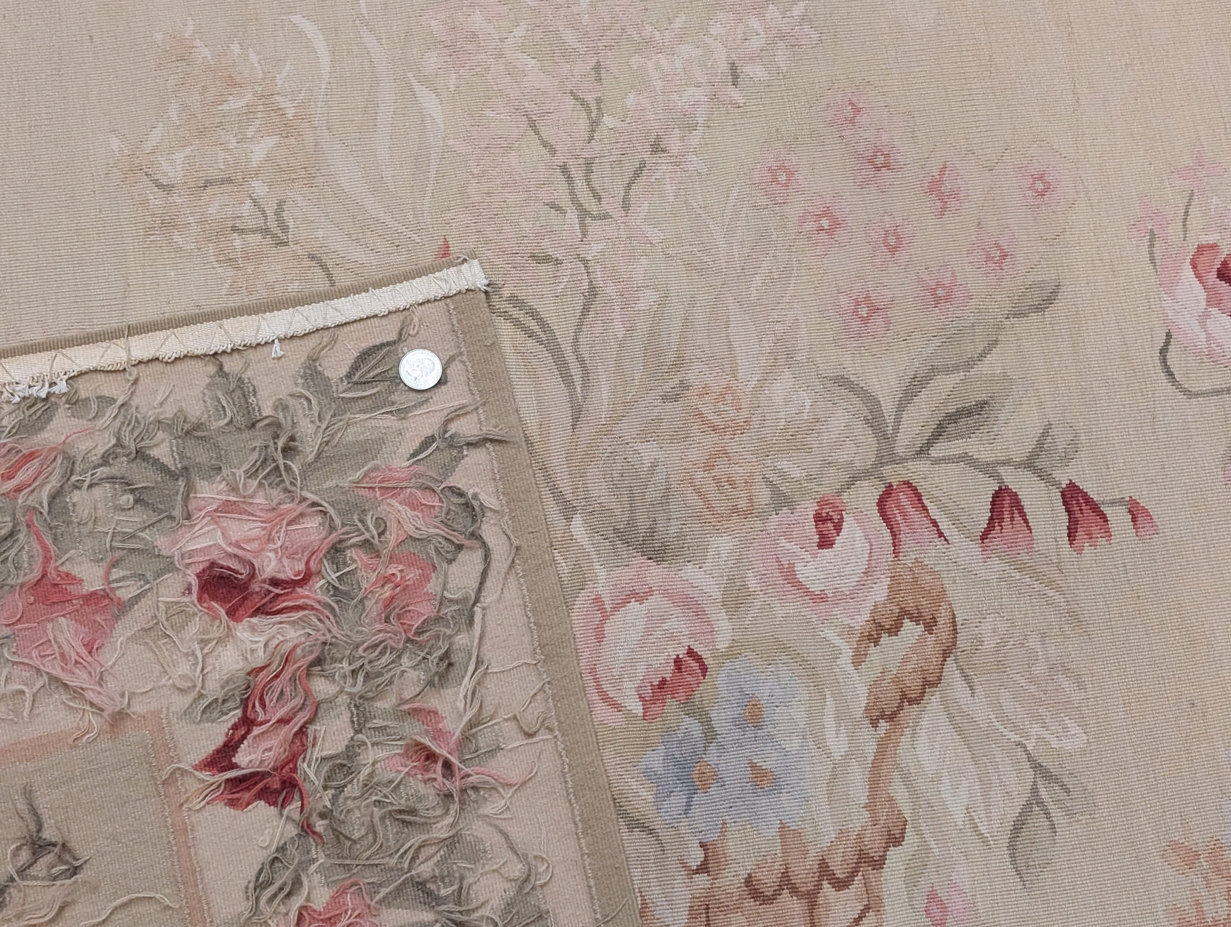 Square Aubusson Rug 4.8 x 5, French Vintage Floral European Wool Carpet - Jewel Rugs