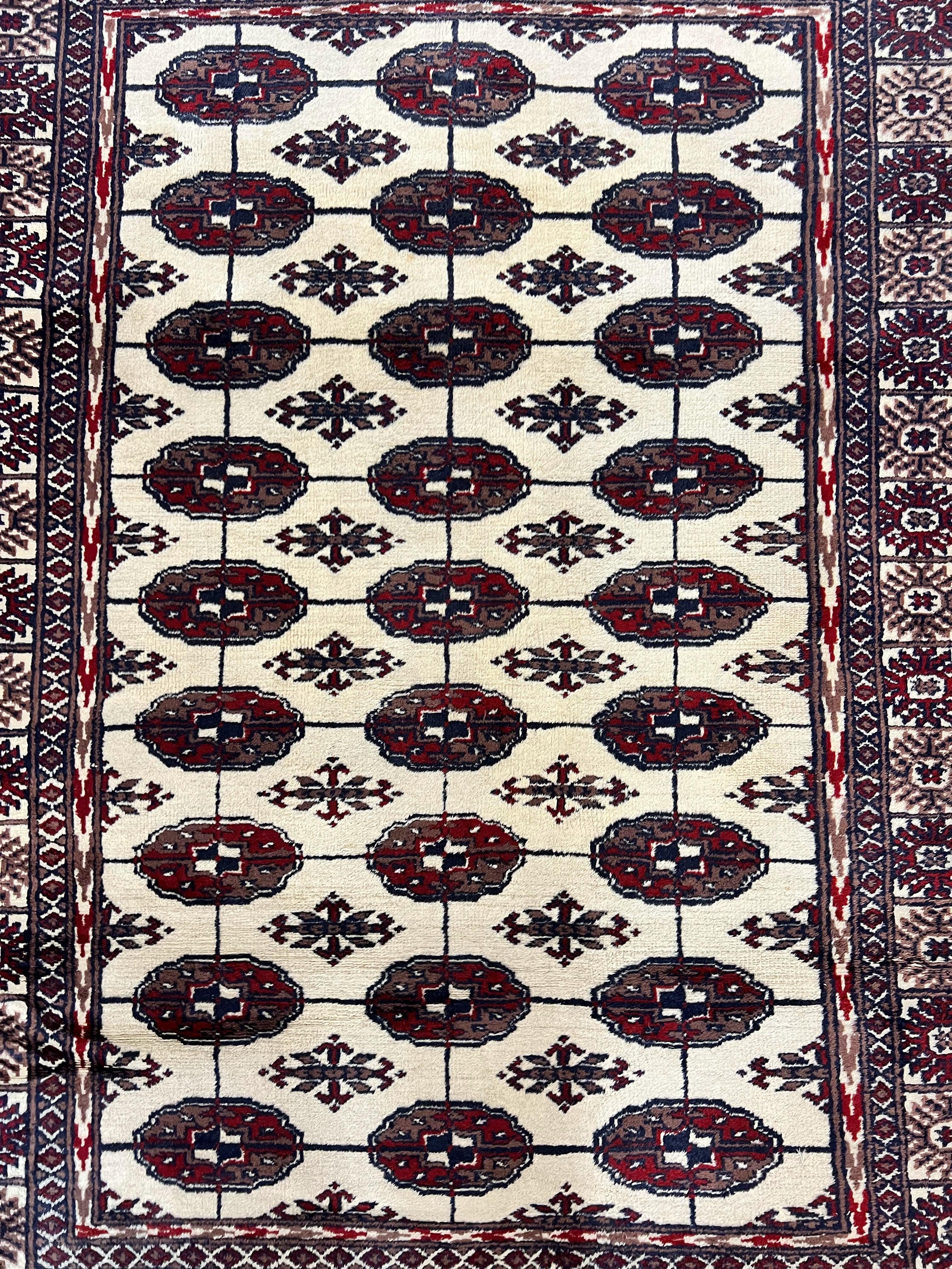 Pakistani Bokhara Rug 4x6, Turkoman Carpet, Vintage Handmade Wool Rug, Ivory - Jewel Rugs