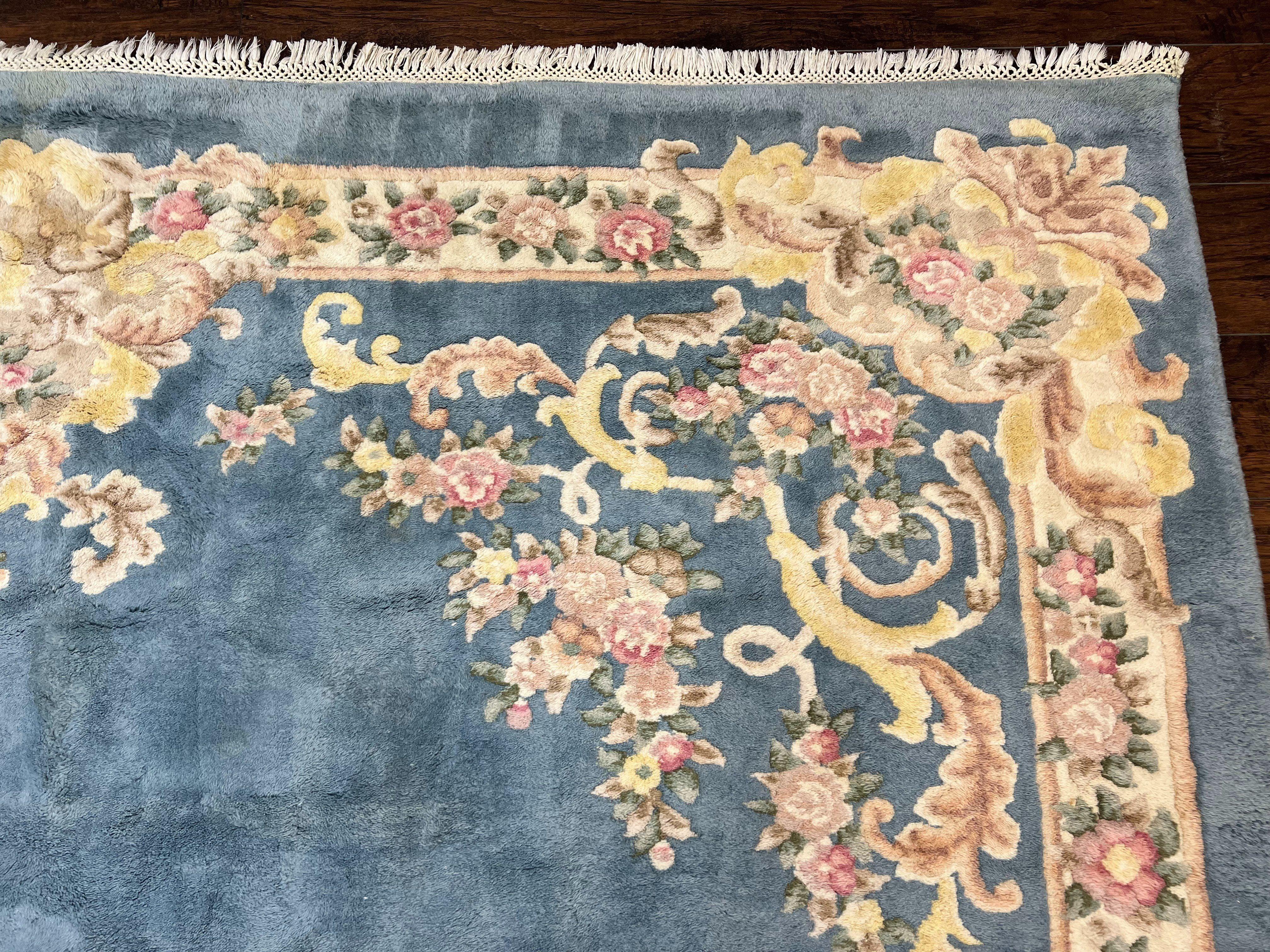 Indo Chinese Rug 9x14, Wool Hand Knotted Vintage Carpet, Light Blue Cream Beige, Aubusson European Design Rug 9 x 14 - Jewel Rugs