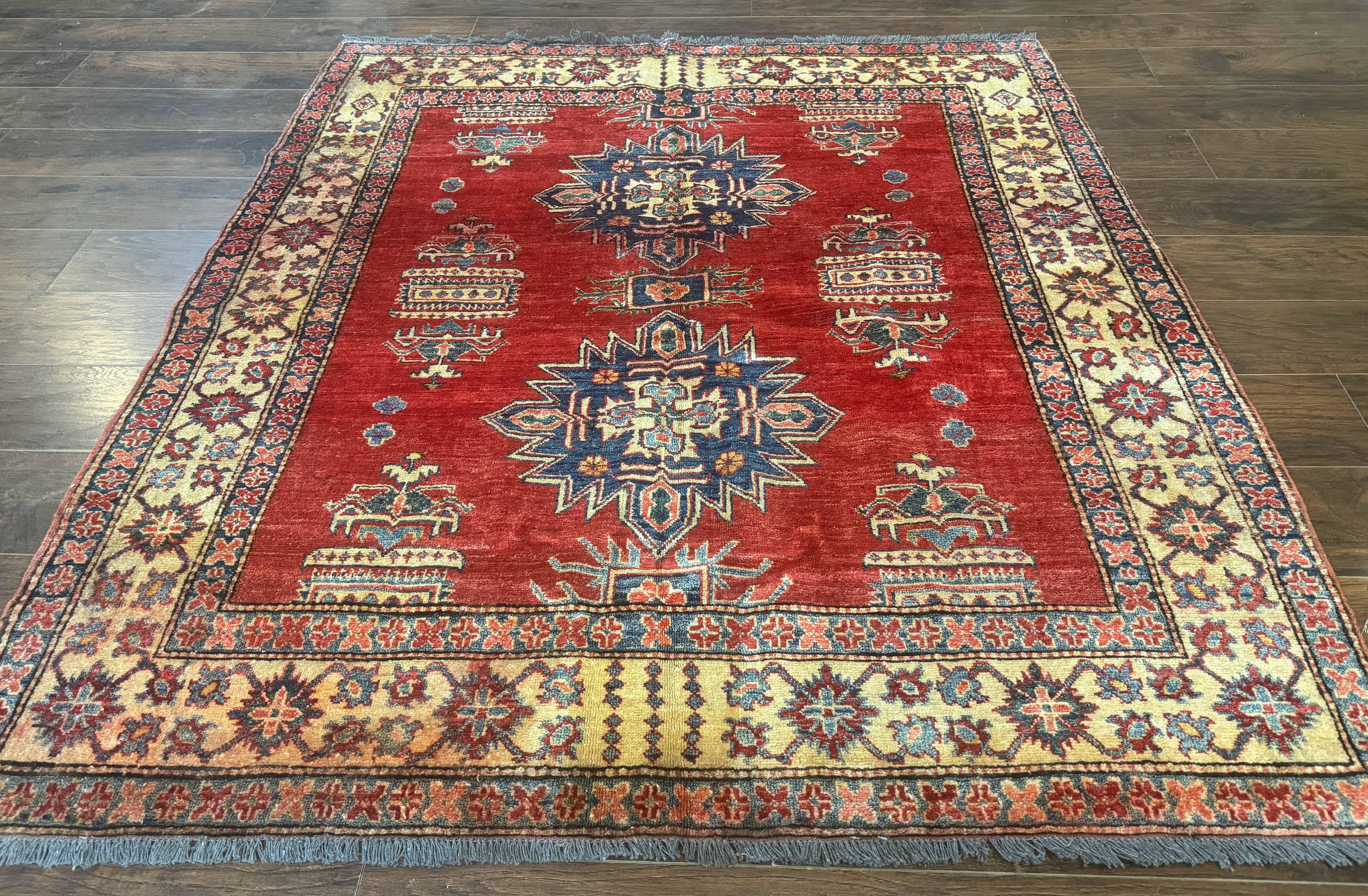 Square Turkish Rug 6x6, Azerbaijani Azeri Turkish Armenian Rug, Red Tan Blue, Geometric, Wool Carpet - Jewel Rugs