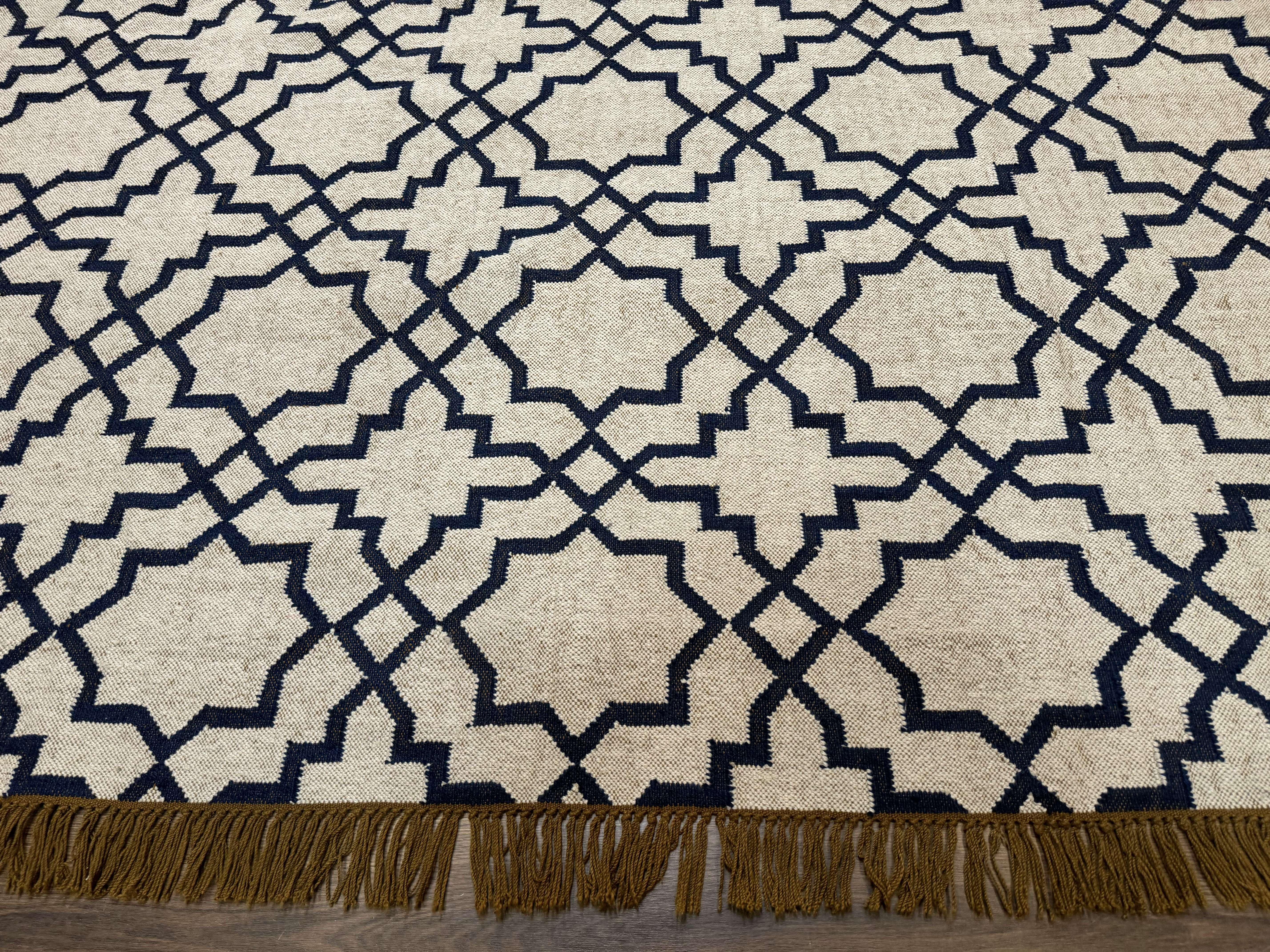 Indian Kilim Rug 8x10, Oat and Navy Blue, Dhurrie Carpet, Handmade, Wool - Jewel Rugs