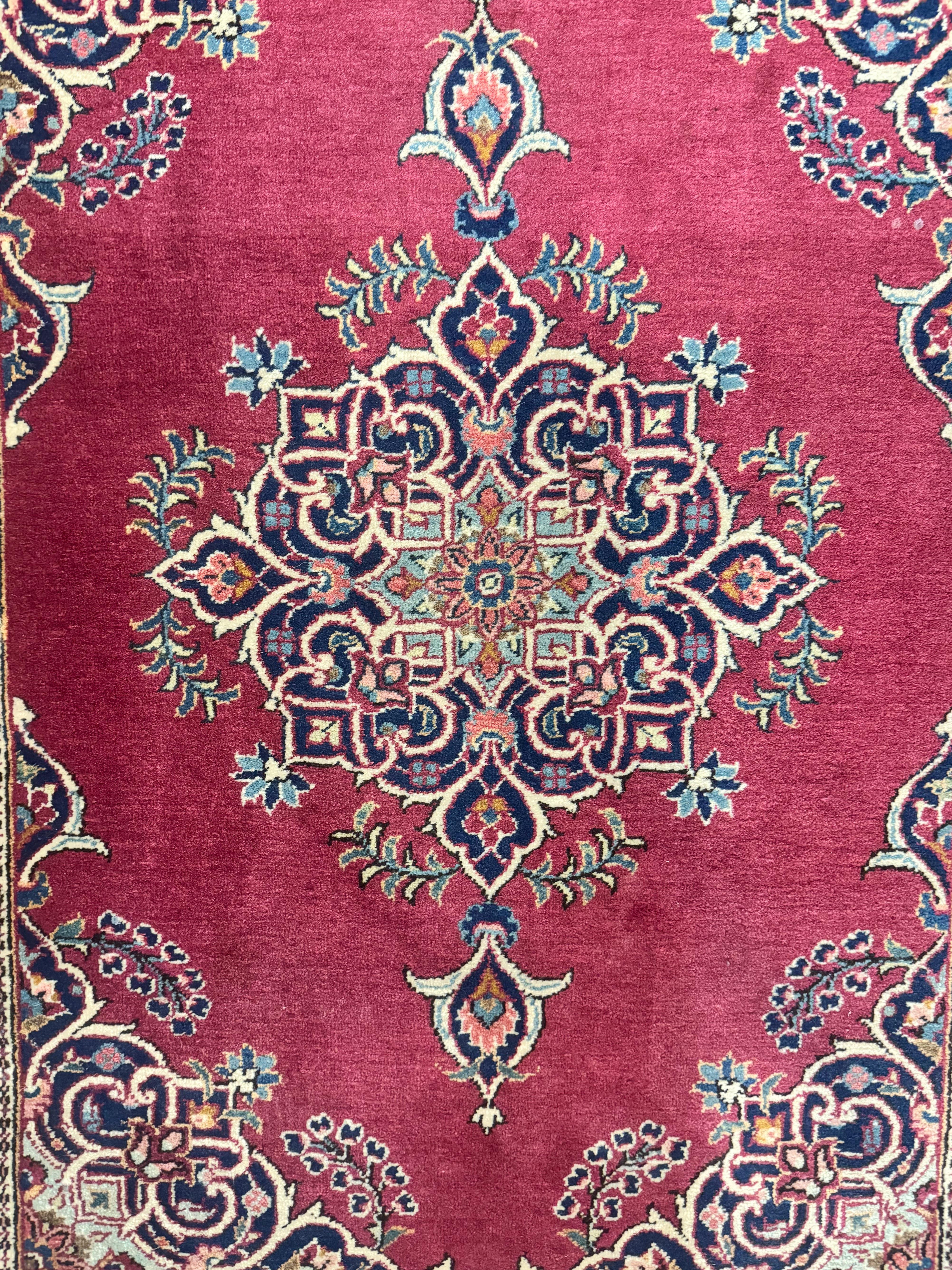 Small Persian Kashan Rug 2x3, Red and Navy Blue, Handmade Vintage Wool Semi Antique Persian Carpet, Semi Open Field, Pair B - Jewel Rugs