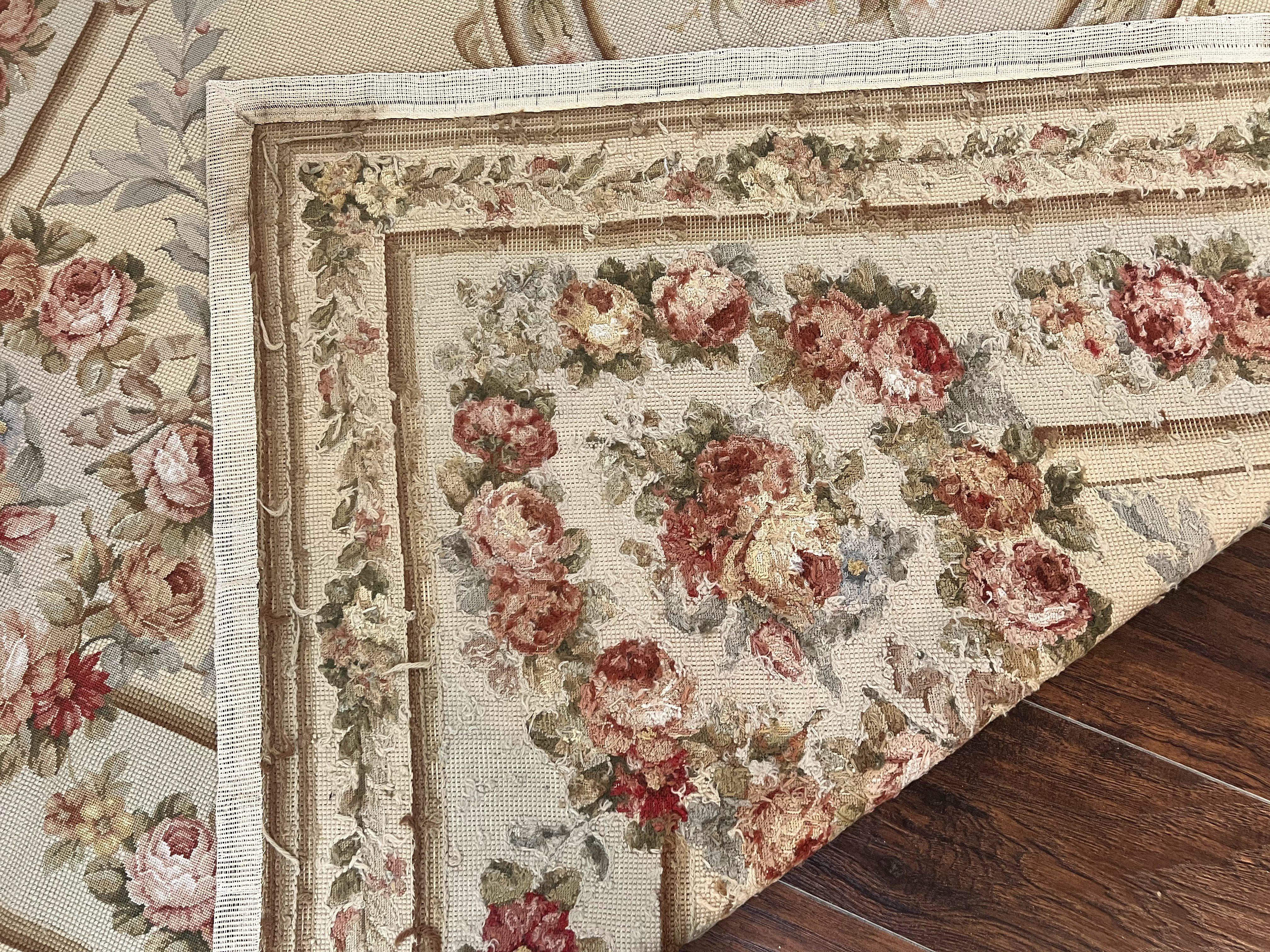 Needlepoint Rug, Aubusson Design, Petit Point Carpet, Floral, Cream, French European Design, Flatweave, Wool, Vintage - Jewel Rugs
