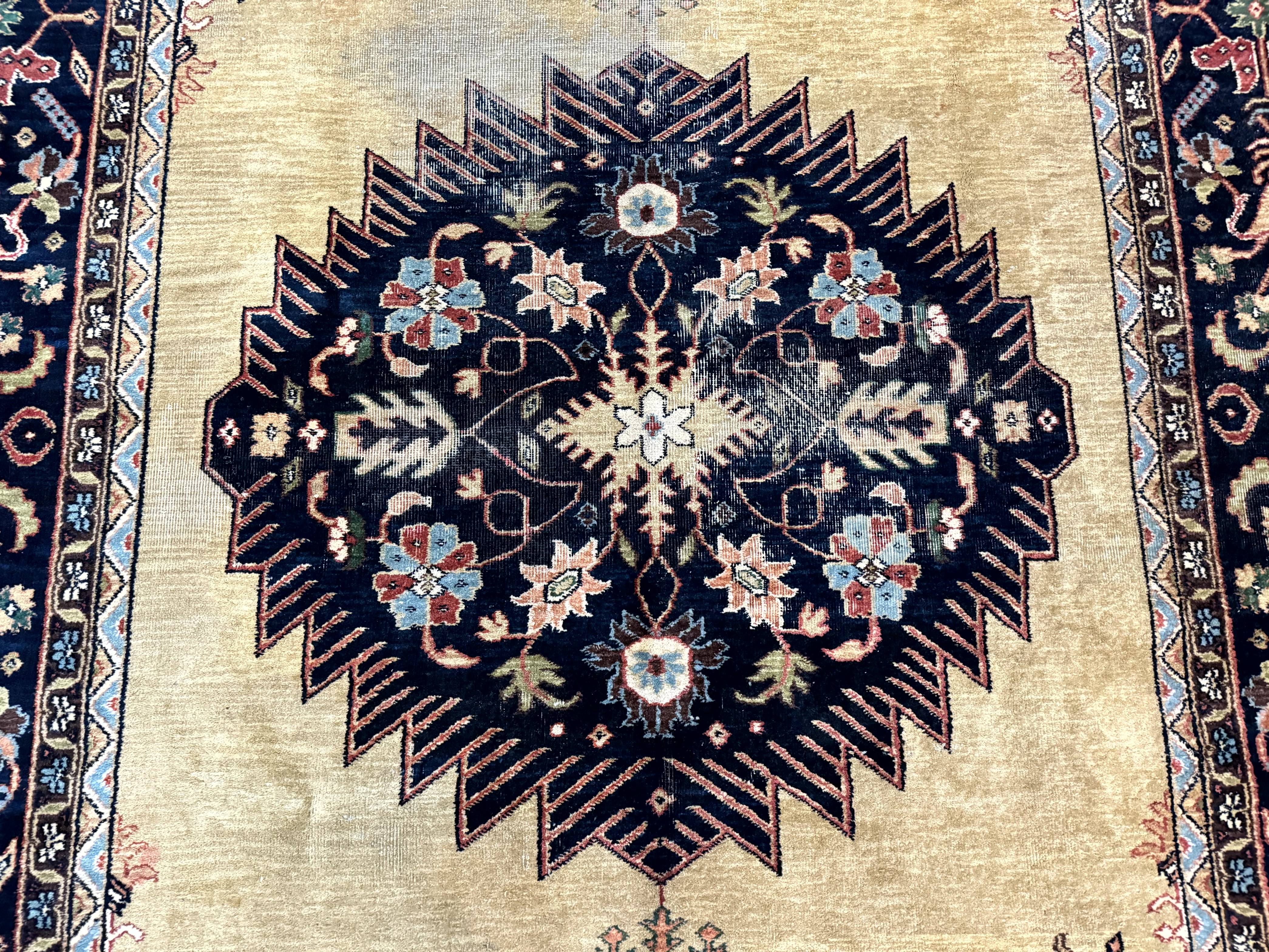 Indo Persian Heriz Rug 8x12, Camel Hair Tan and Navy Blue, Decorative - Jewel Rugs