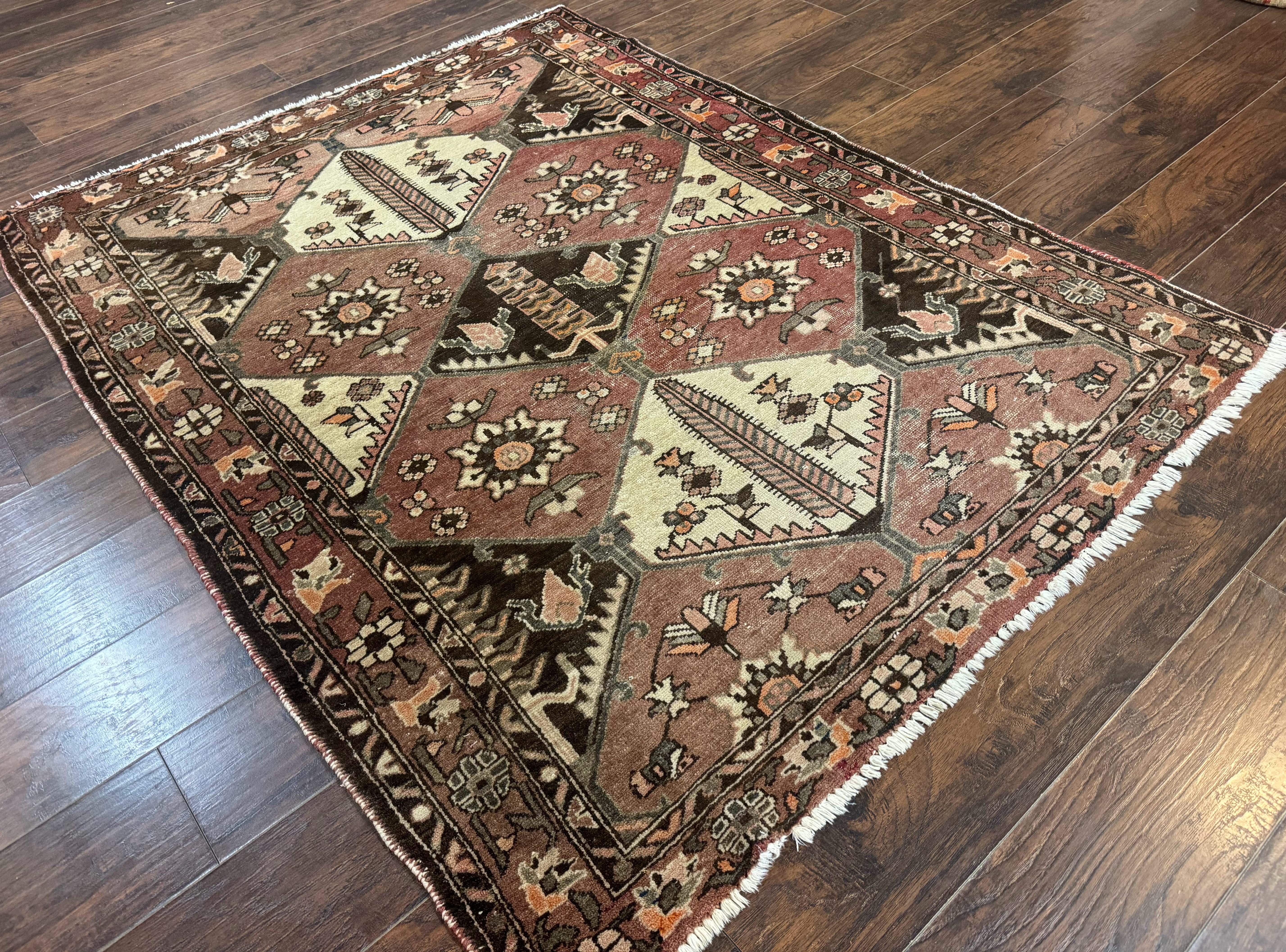 Persian Bakhtiari Rug 5x7 – Muted Rose and Cream, Wool Tribal Carpet, Geometric Panel Design - Jewel Rugs