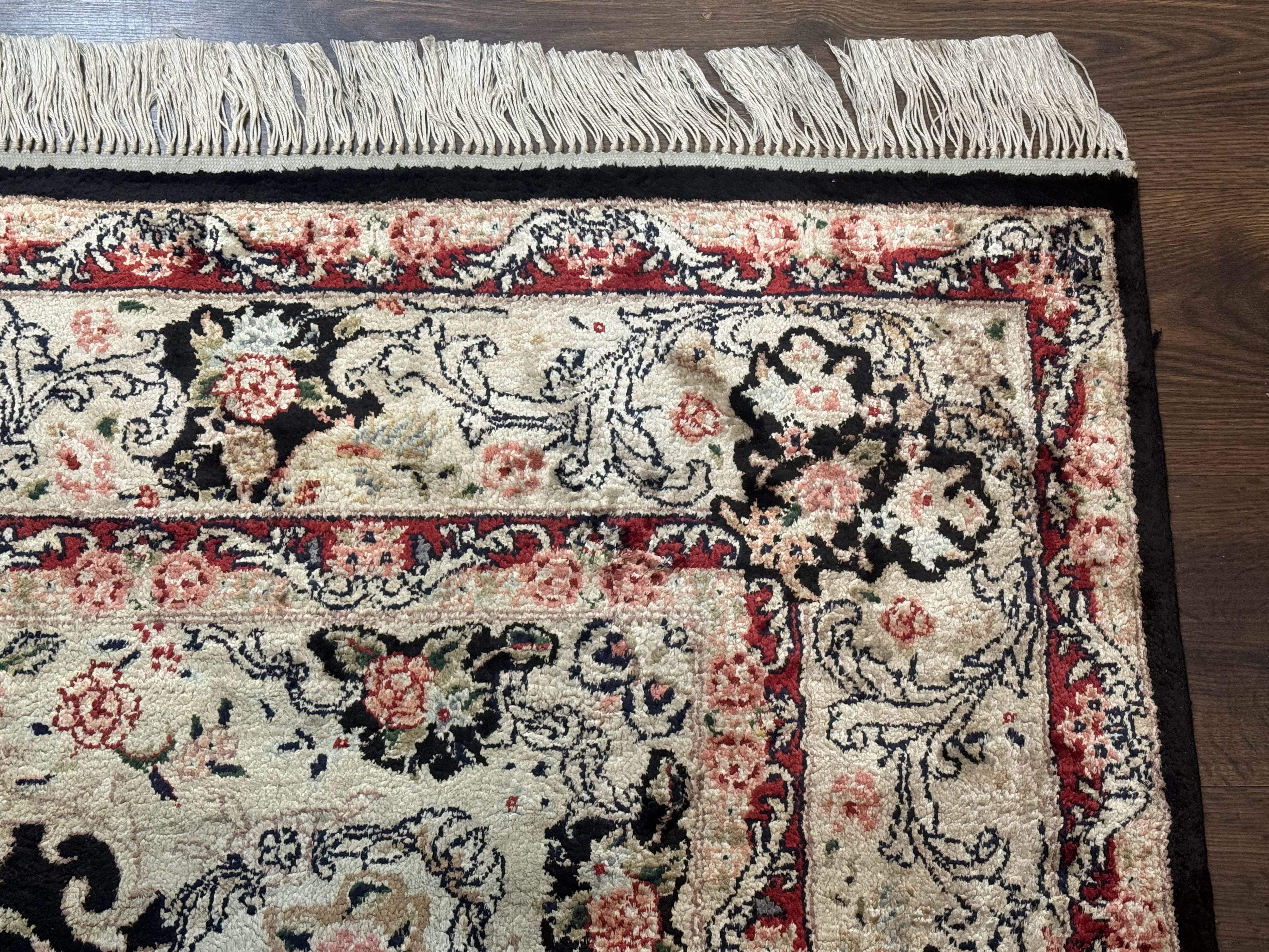 Indian Kashmiri Silk Rug, Floral Medallion, Vintage Hand Knotted Carpet - Jewel Rugs
