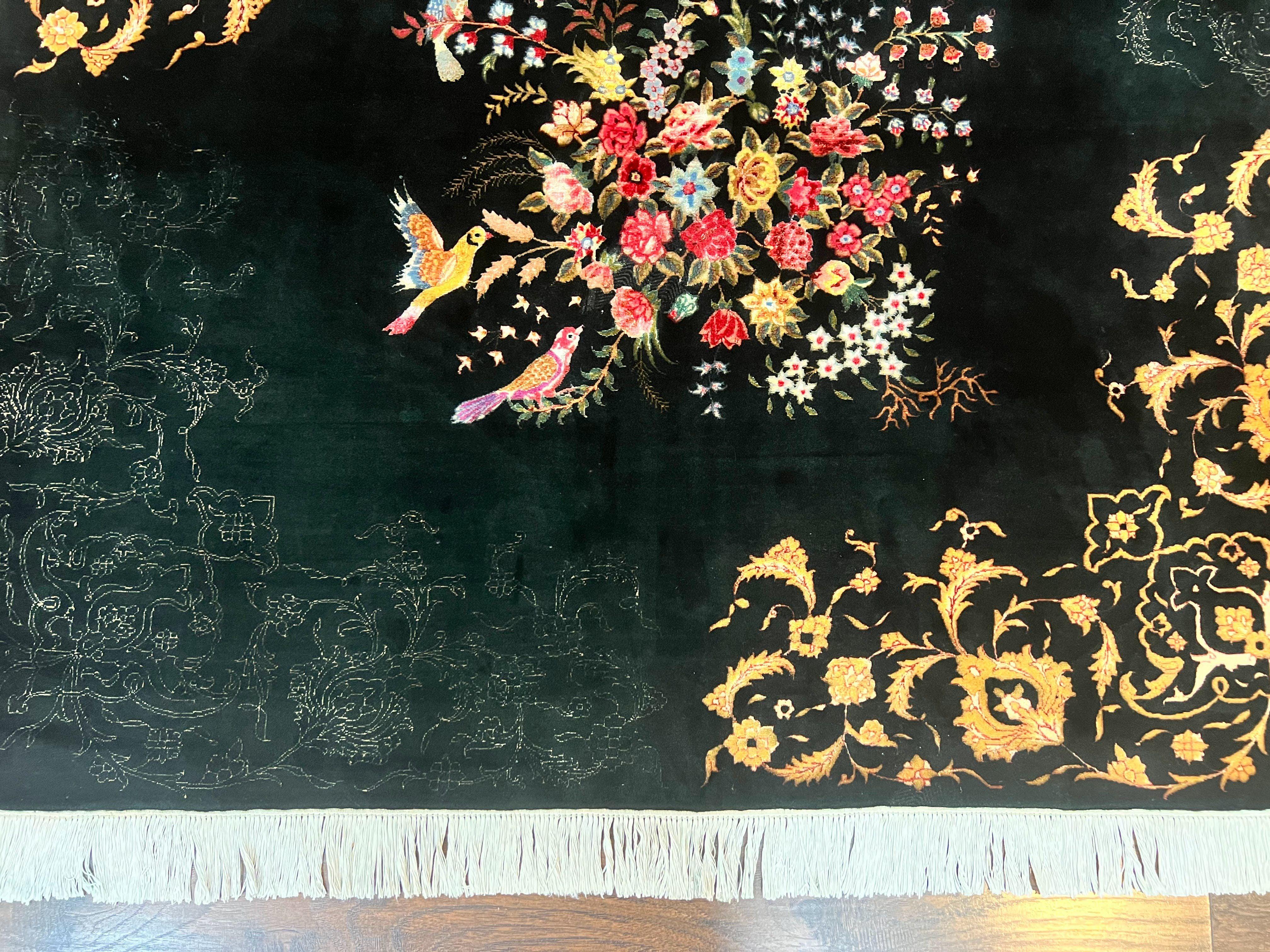 Persian Tabriz Rug 5x5, Wool & Silk Hand Knotted Antique Carpet, Black Square Rug, Floral Bird Motifs, 50 Raj 330 KPSI Very Fine - Jewel Rugs
