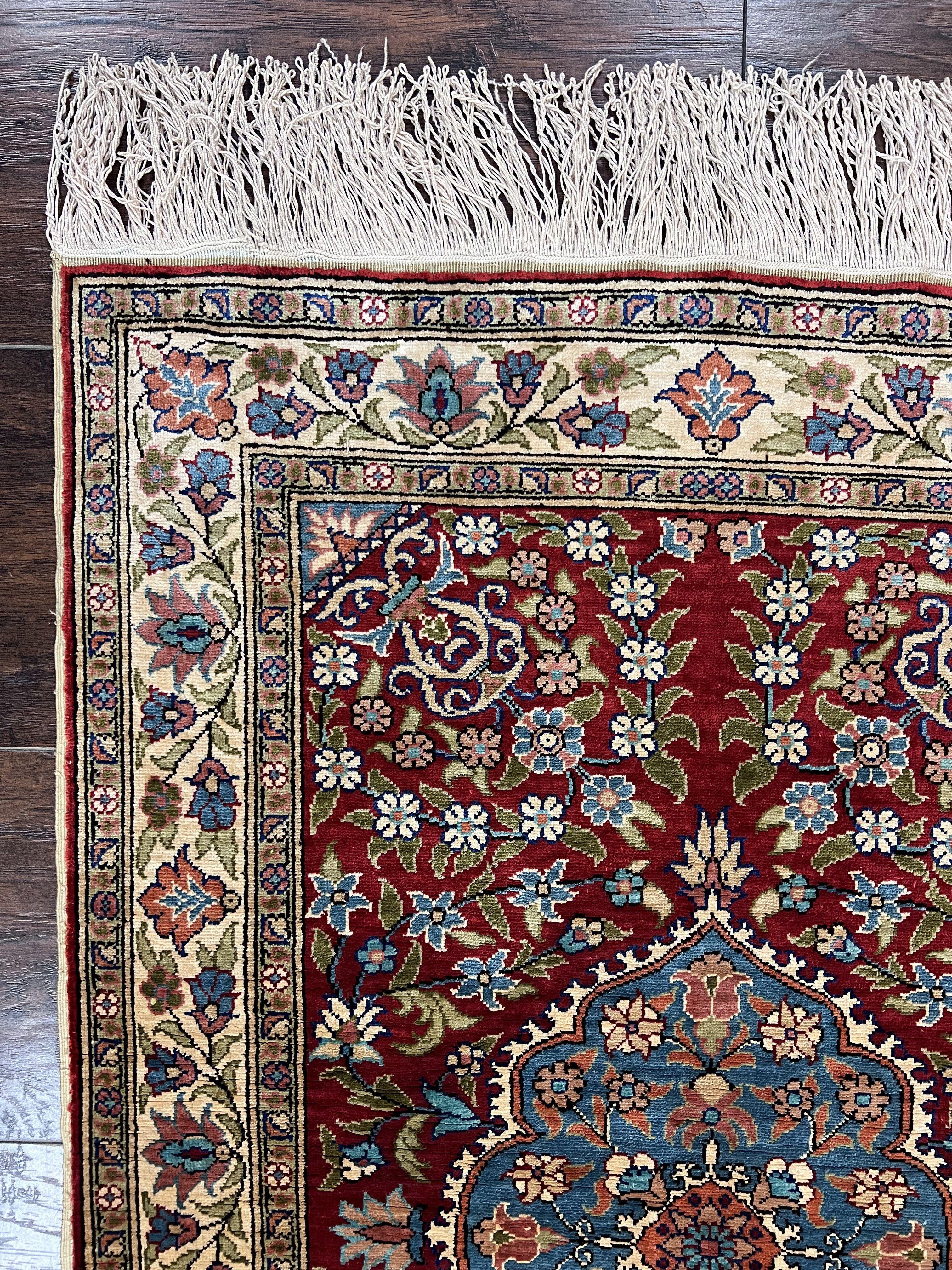 Silk Turkish Kayseri Rug 2x3, Small All Silk Turkish Carpet, Red and Light Blue, Very Fine Hand Knotted Semi Antique Vintage Handmade Rug - Jewel Rugs