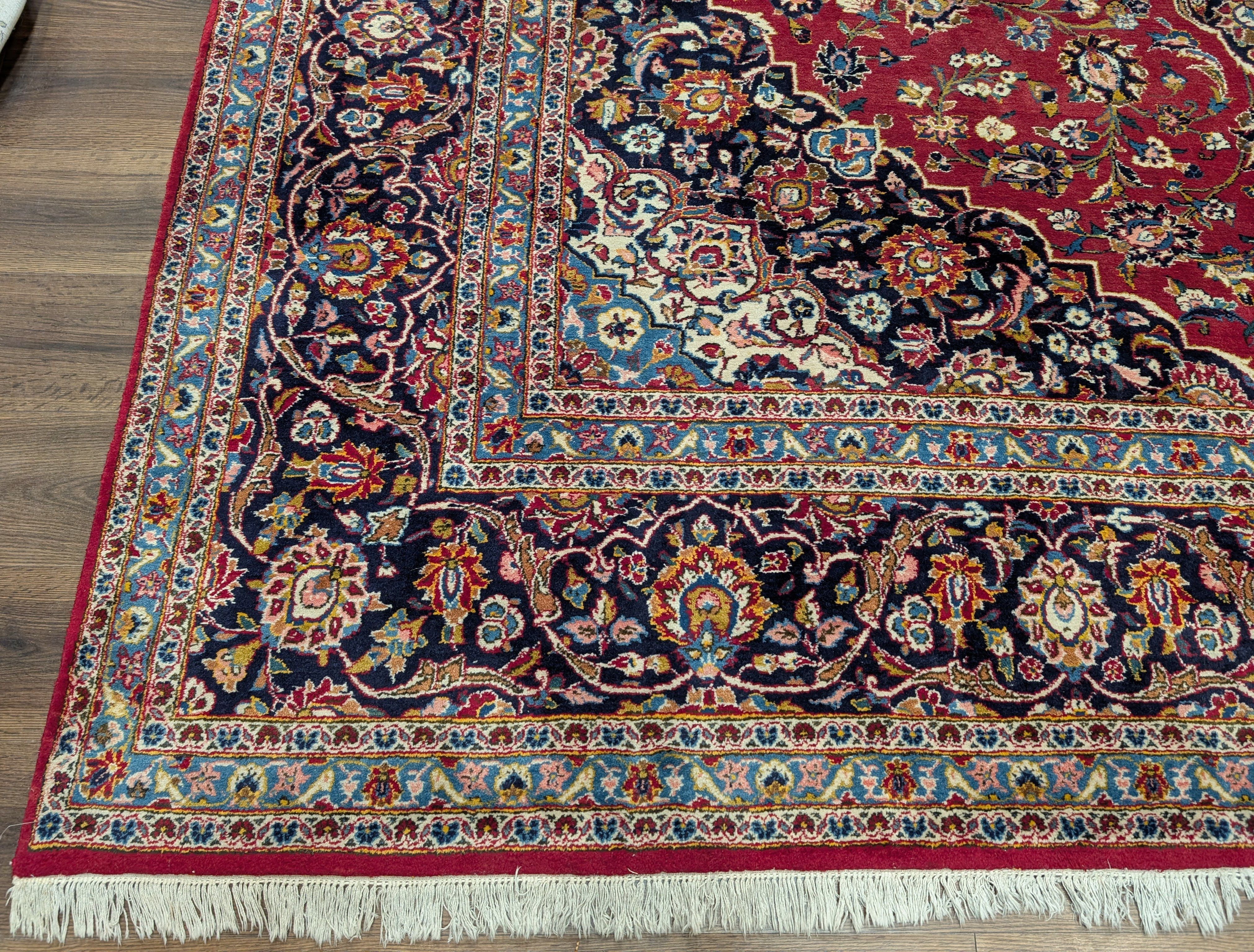 Persian Kashan Rug 10x14, Red and Navy, Hand Knotted Wool Traditional Persian Carpet, Signed By Master Weaver - Jewel Rugs