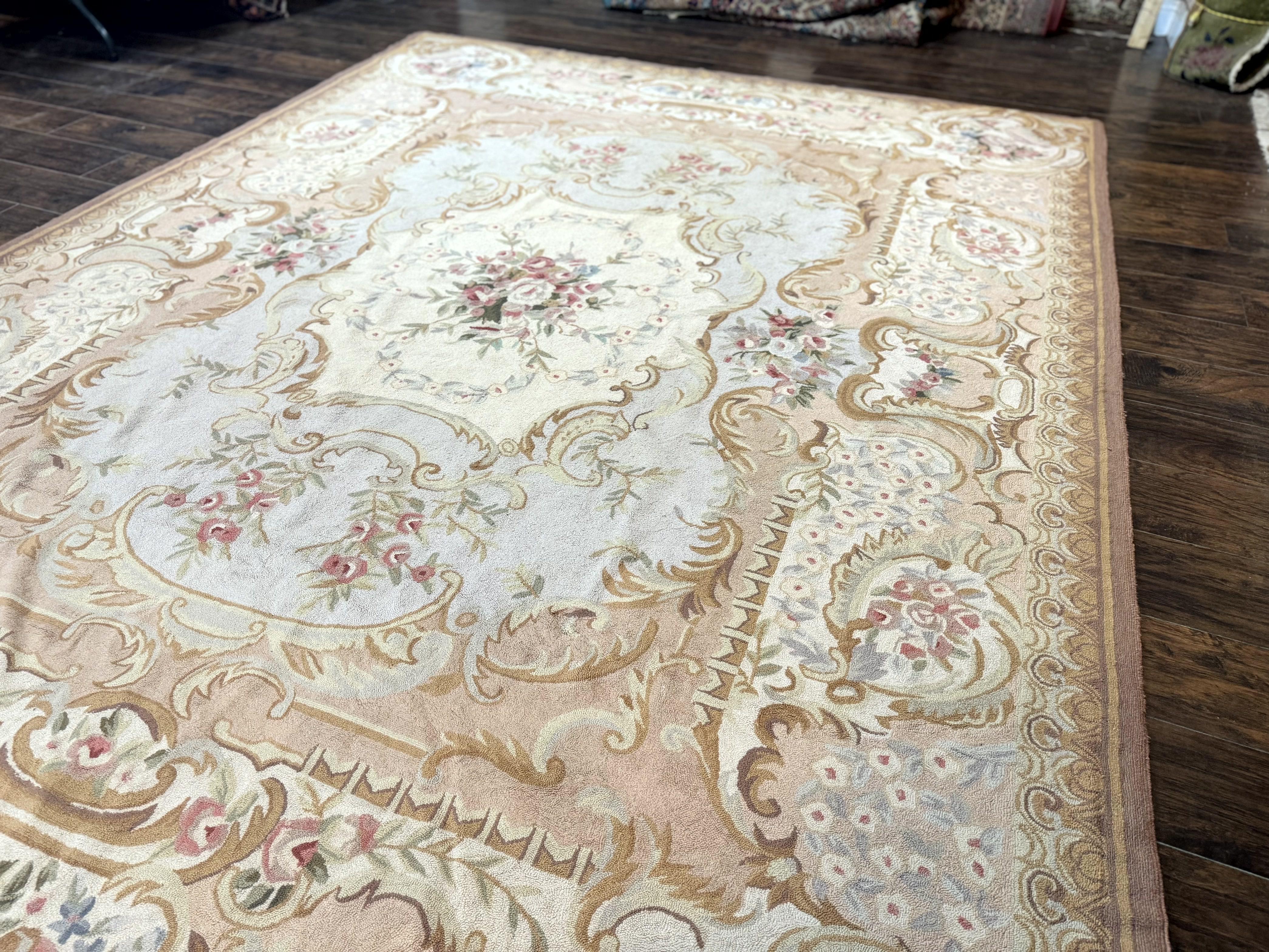 Hooked Aubusson Rug 8x11, Light Blue Ivory Beige Pink, Elegant European Design, Vintage - Jewel Rugs