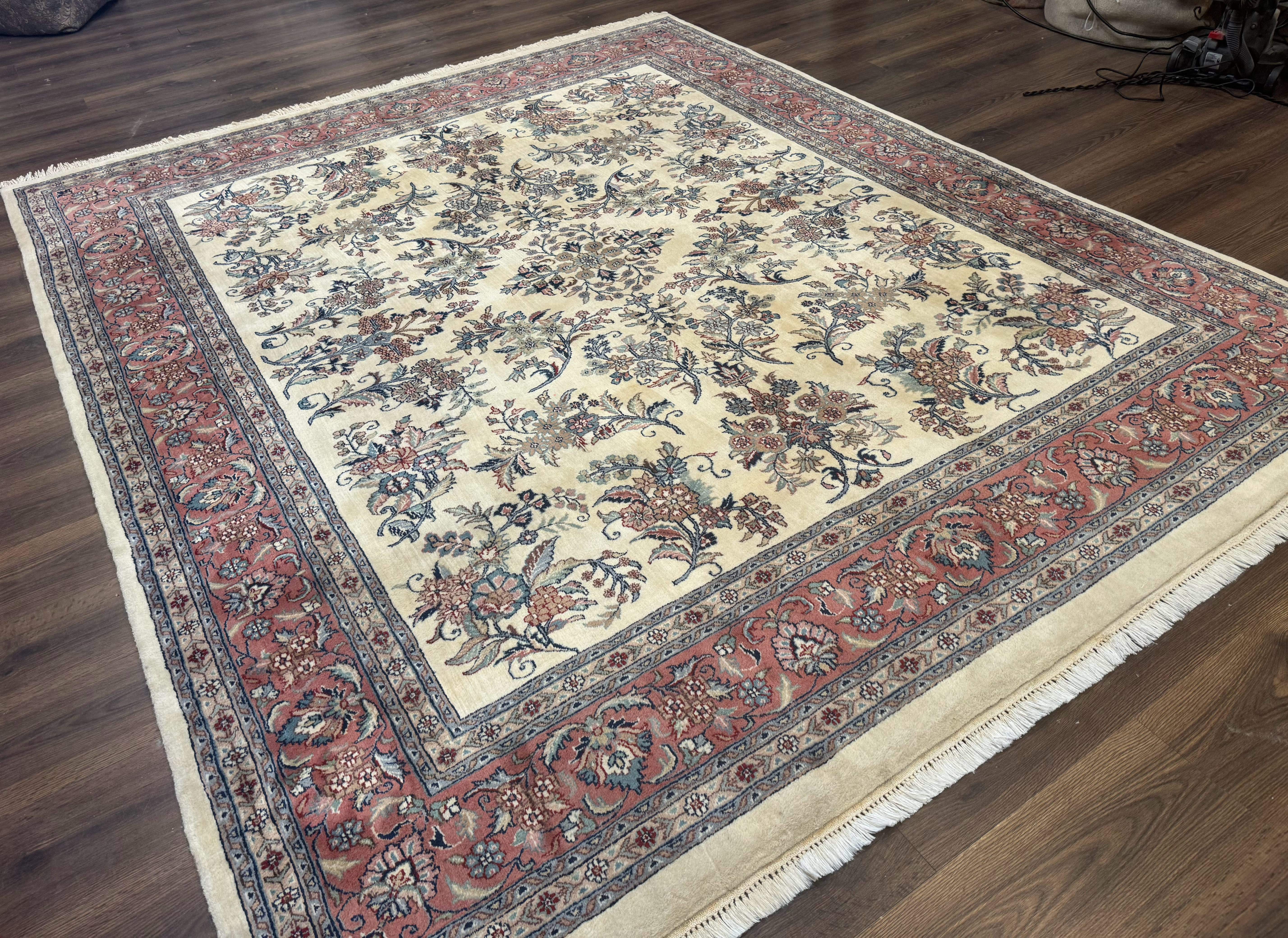 Indo Persian Sarouk Rug 8x10, Ivory and Pink, Floral - Jewel Rugs