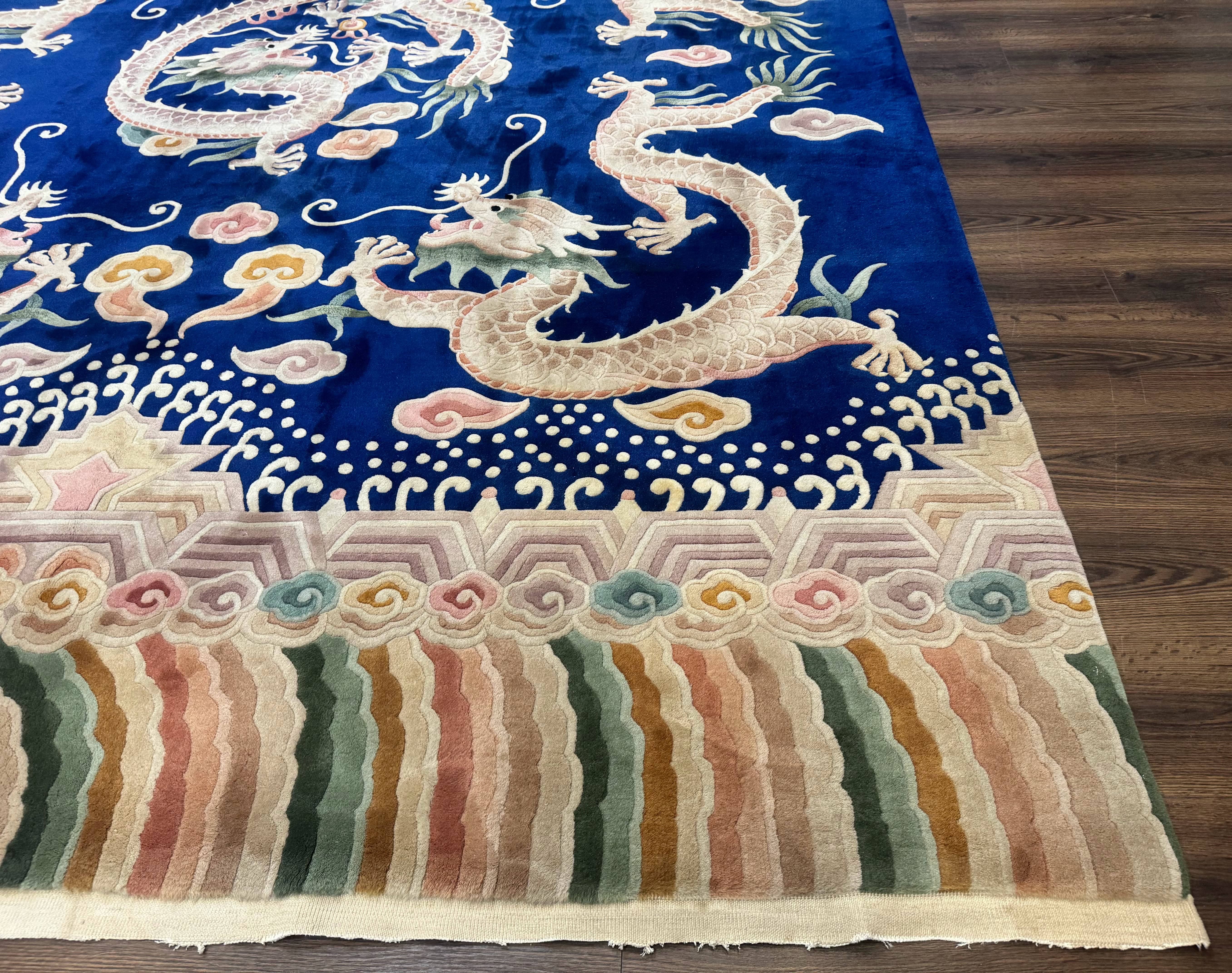 Blue Chinese Rug 9x12, Dragons, Rainbow Border, Art Deco Carpet, Peking Rug, Rare - Jewel Rugs
