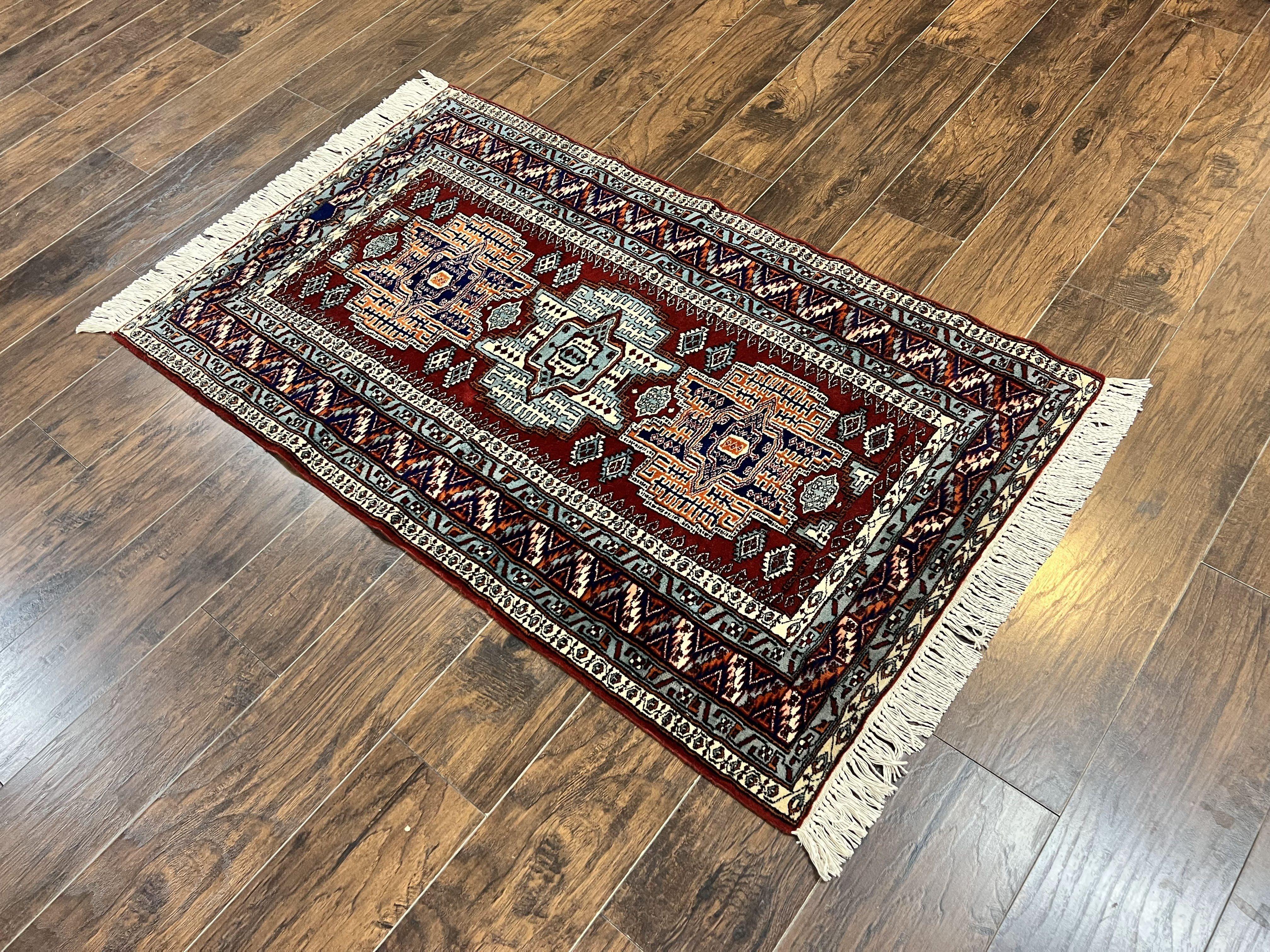Pakistani Rug 3x5 ft, Caucasian Kazak Design, Geometric Rug, Small Vintage Oriental Carpet, Dark Red Vintage Handmade Wool Rug 3 x 5 - Jewel Rugs