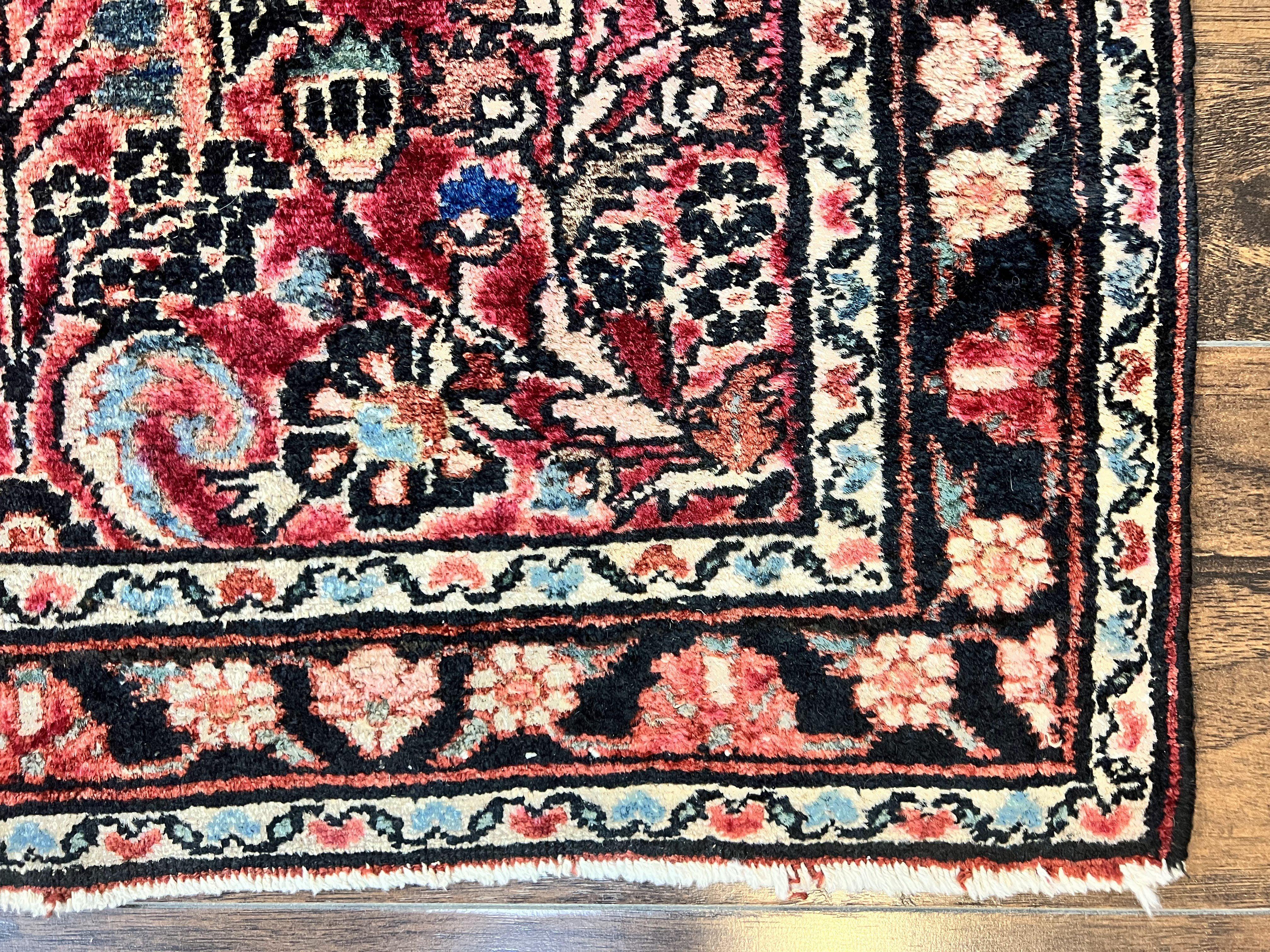 Small Antique Persian Rug 2.6 x 4, Red Floral Handmade 1920s Wool Rug, Persian Hamadan Lilian Rug - Jewel Rugs