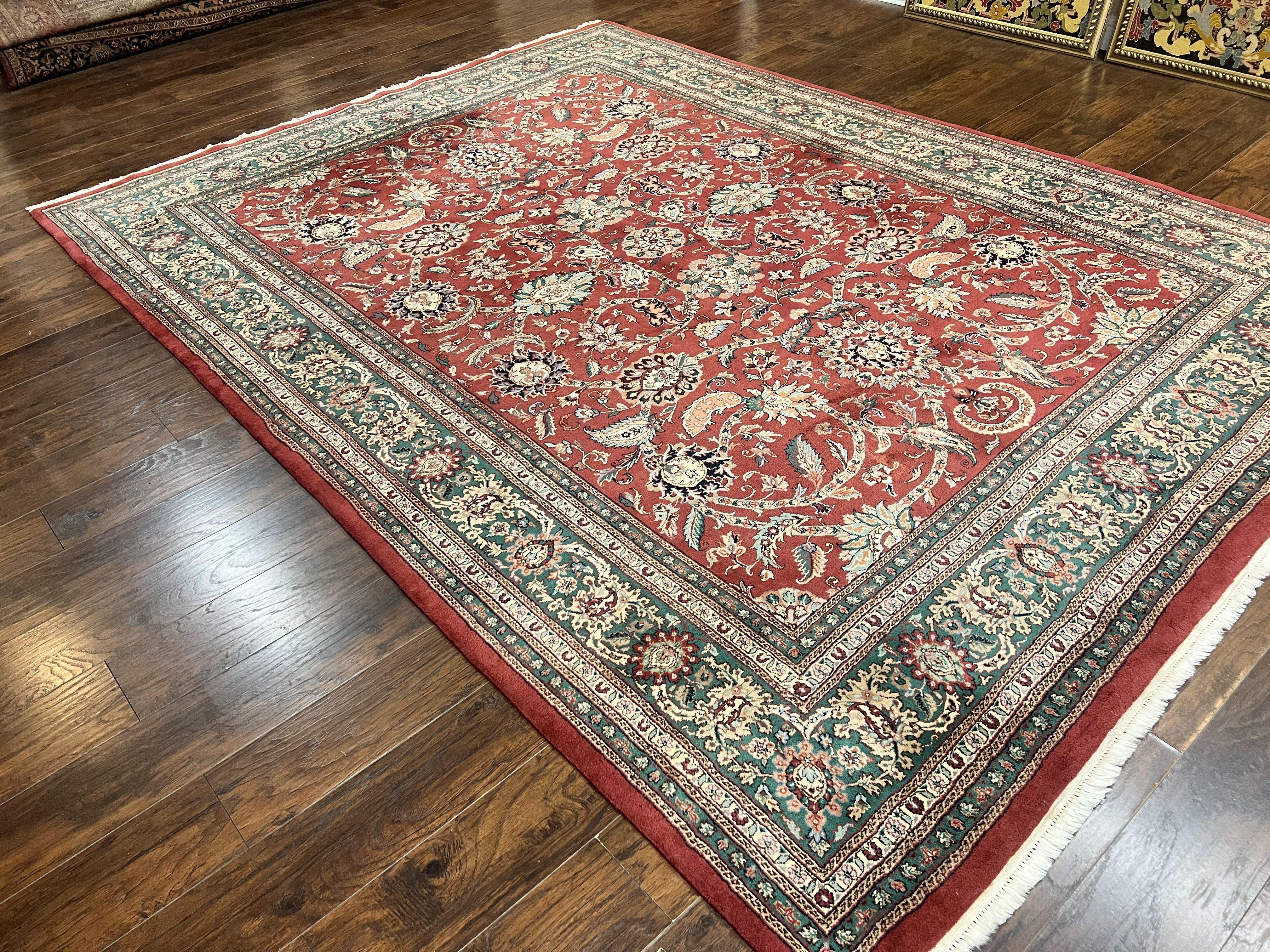 Indo Persian Rug 9x12, Wool Hand Knotted Vintage Carpet, Red & Green, Floral Allover 9 x 12 Room Sized Oriental Rug - Jewel Rugs