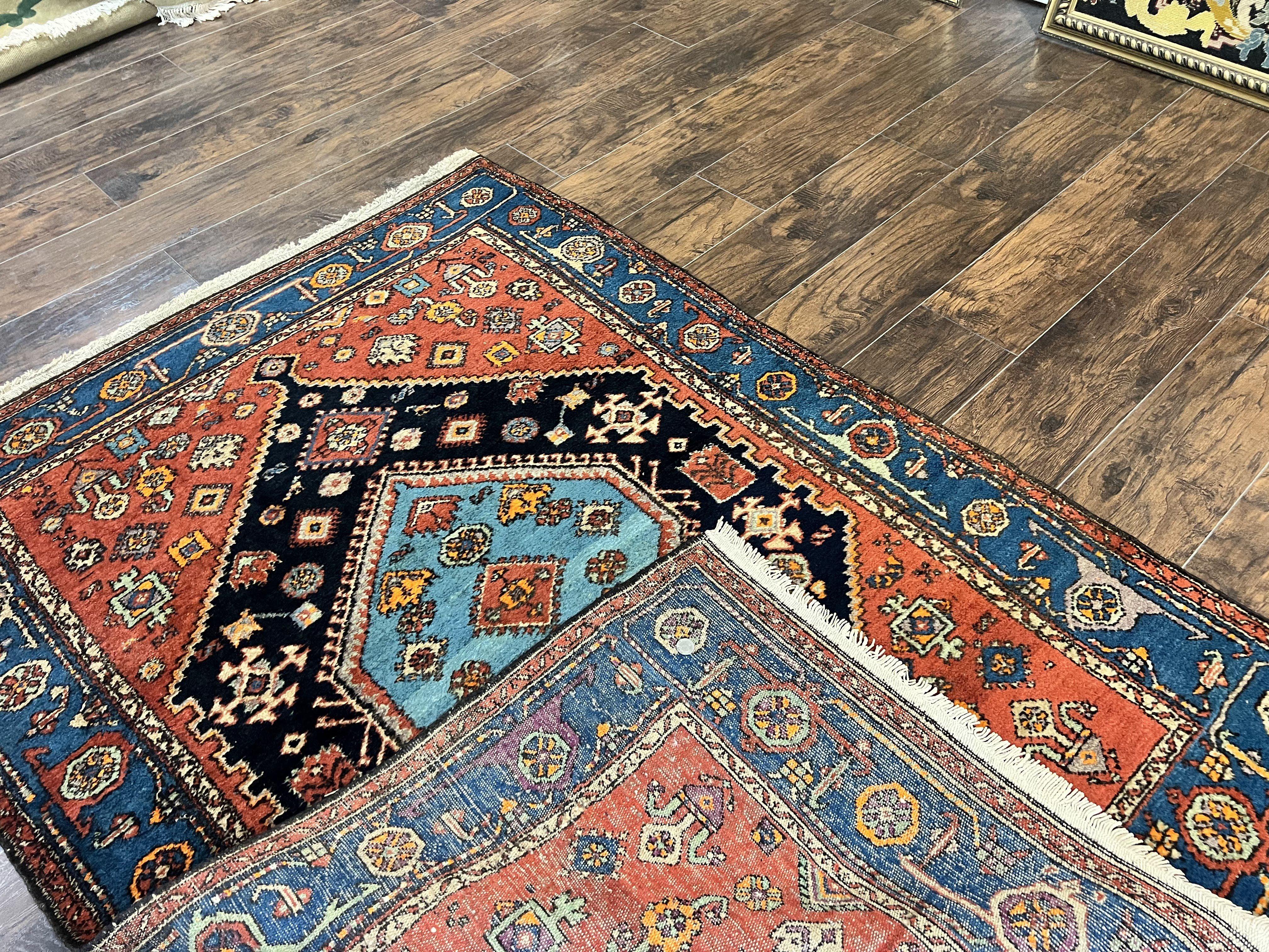 Antique Persian Hamadan Rug 4x6, Red Blue, Hand Knotted Carpet, Geometric, Tribal Rug, Wool Rug 4 x 6 - Jewel Rugs