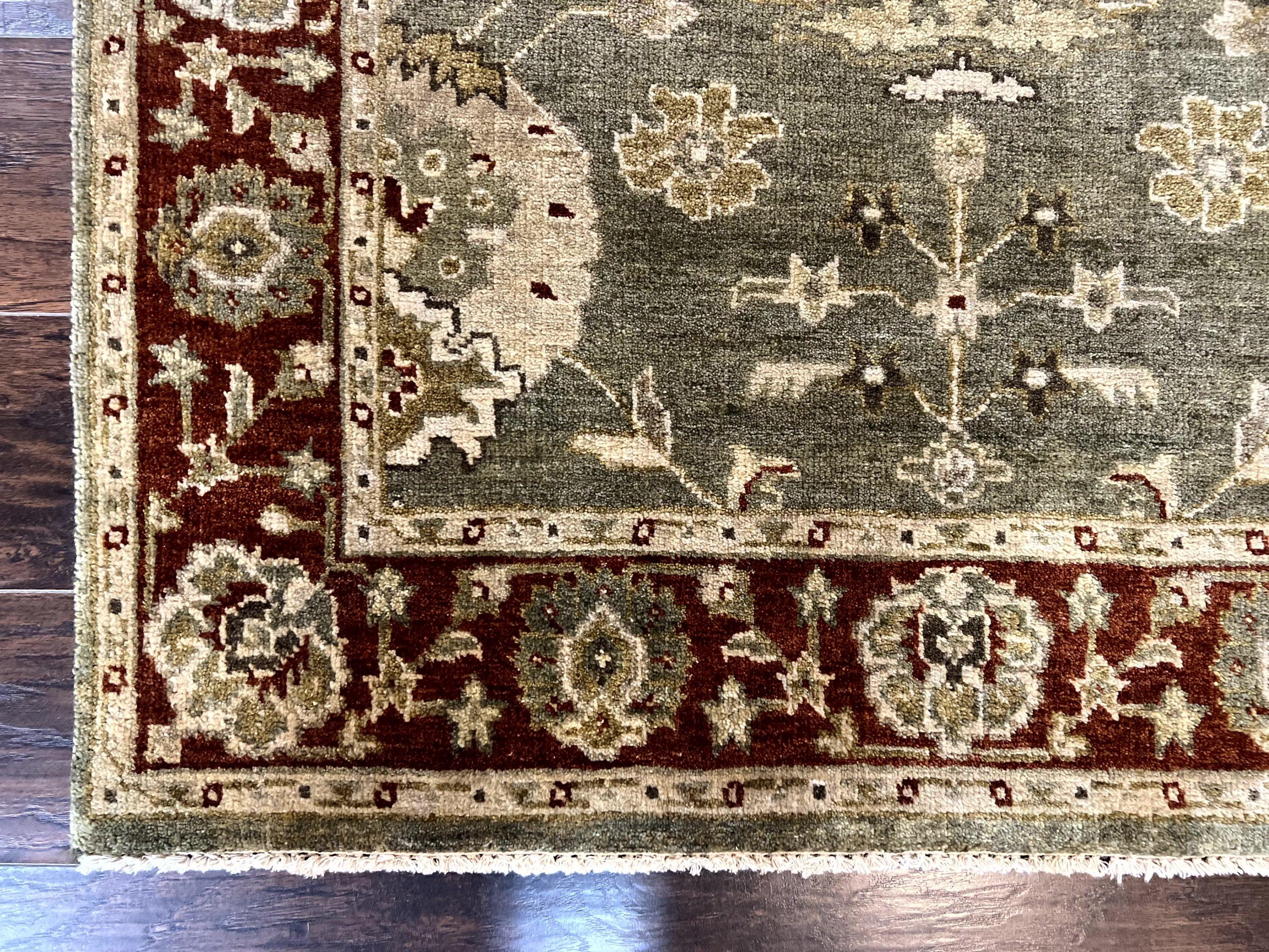 Indo Oushak Rug 4x6, Green and Maroon, Vintage Wool Floral Rug, Indian Agra Rug - Jewel Rugs