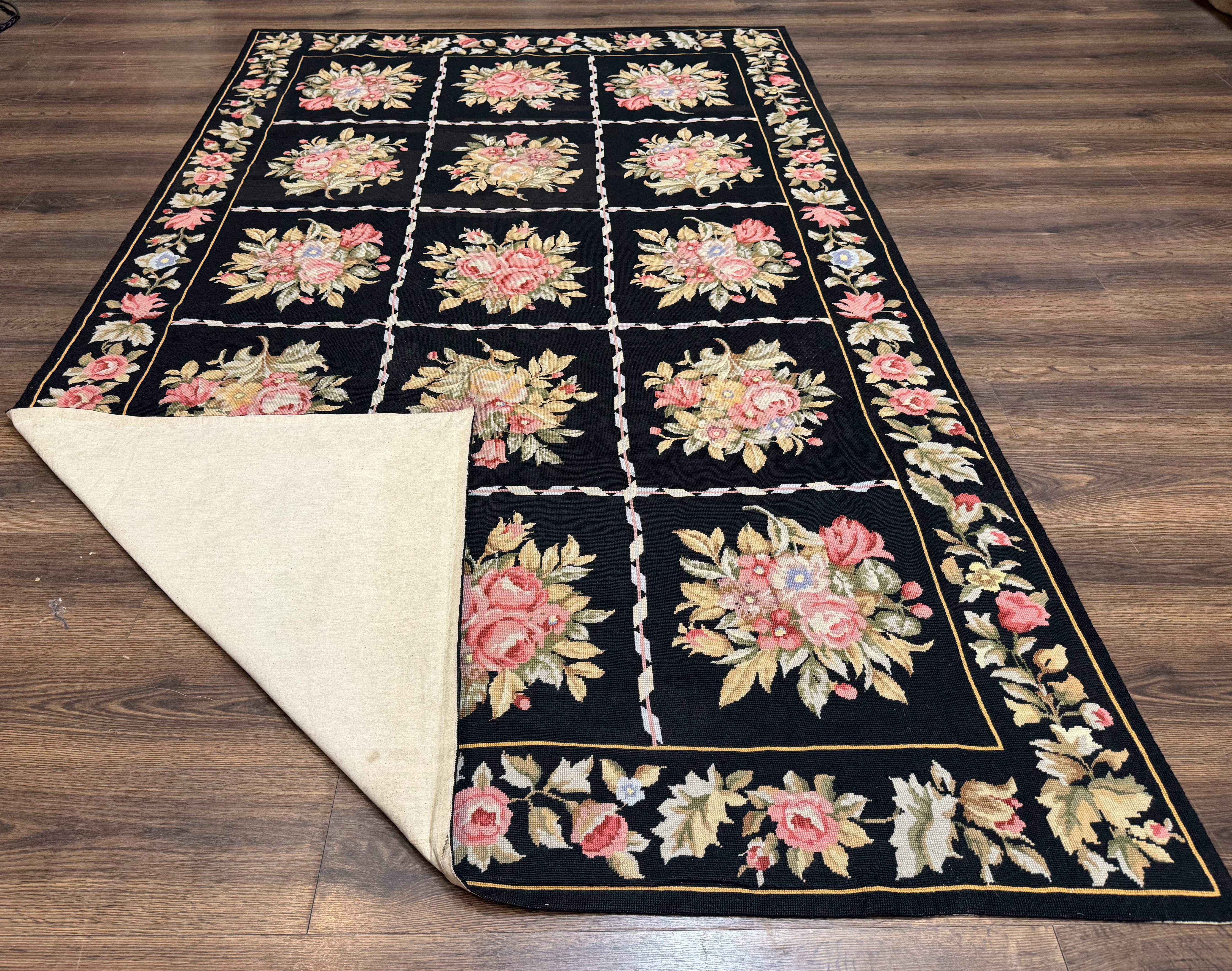 Black Floral Needlepoint Rug 5x9, European Panel Design, Vintage Carpet - Jewel Rugs