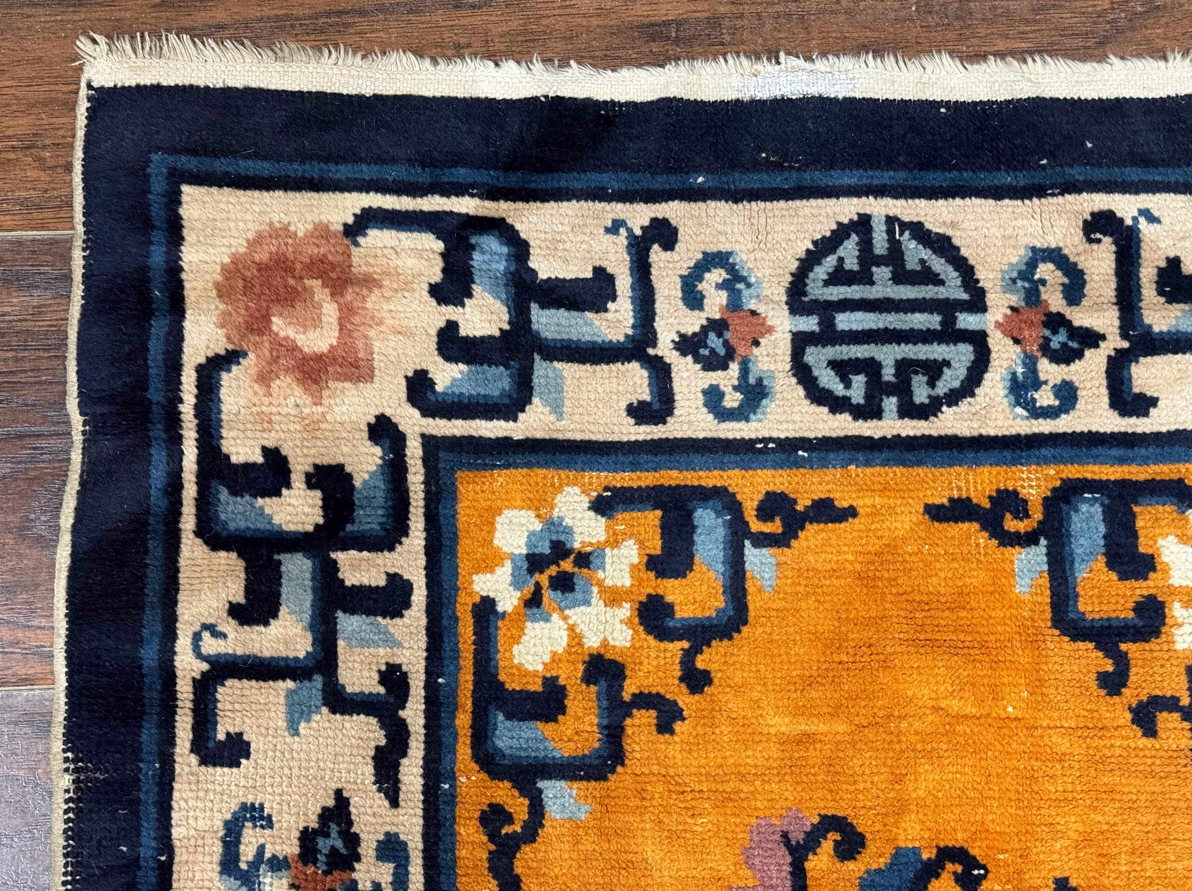 Chinese Peking Runner Rug 2x15 – Orange Ivory & Blue, Hand-Knotted Wool Antique Runner - Jewel Rugs