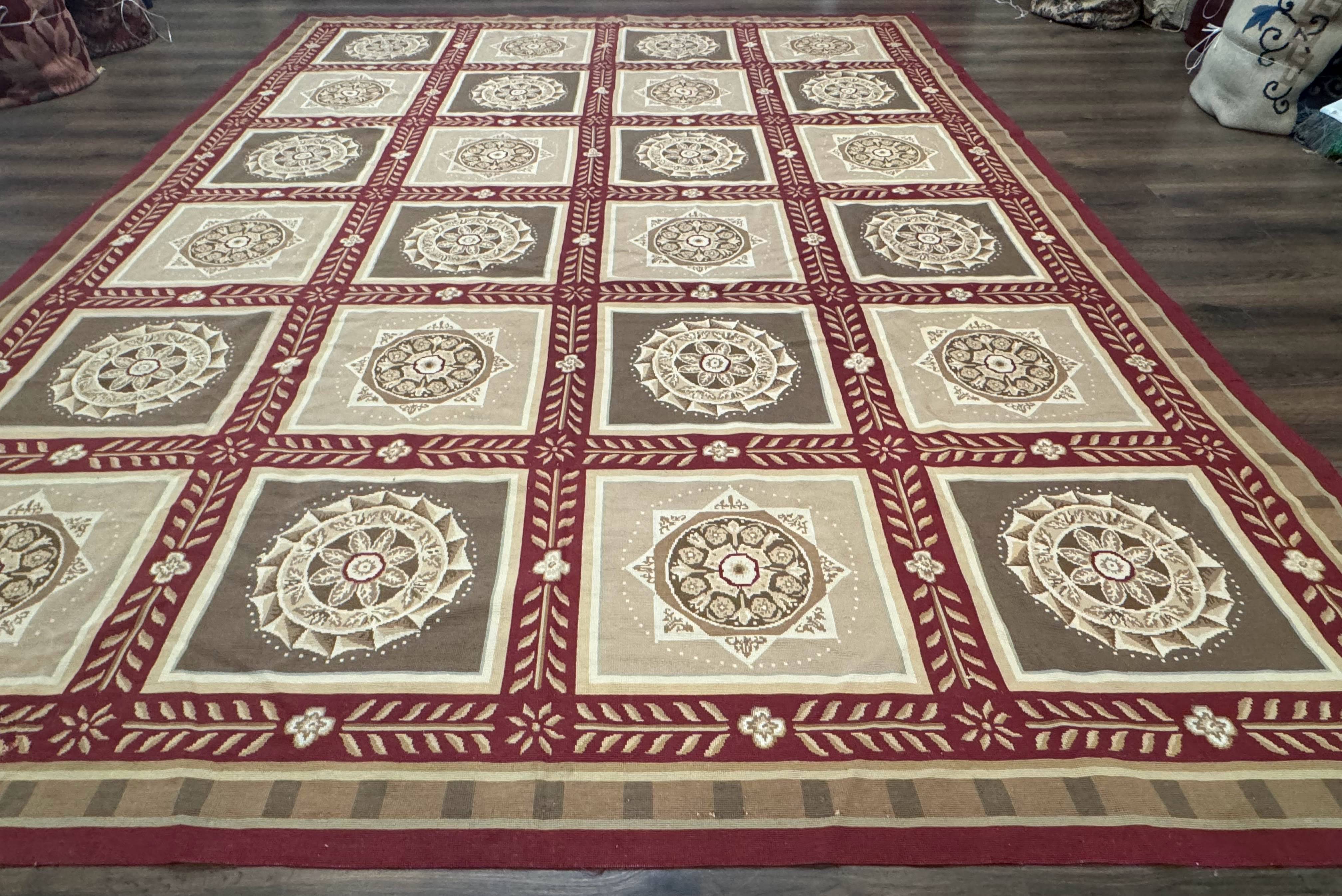 Needlepoint Rug 9x12, Panel Design, Burgundy Taupe, Elegant - Jewel Rugs