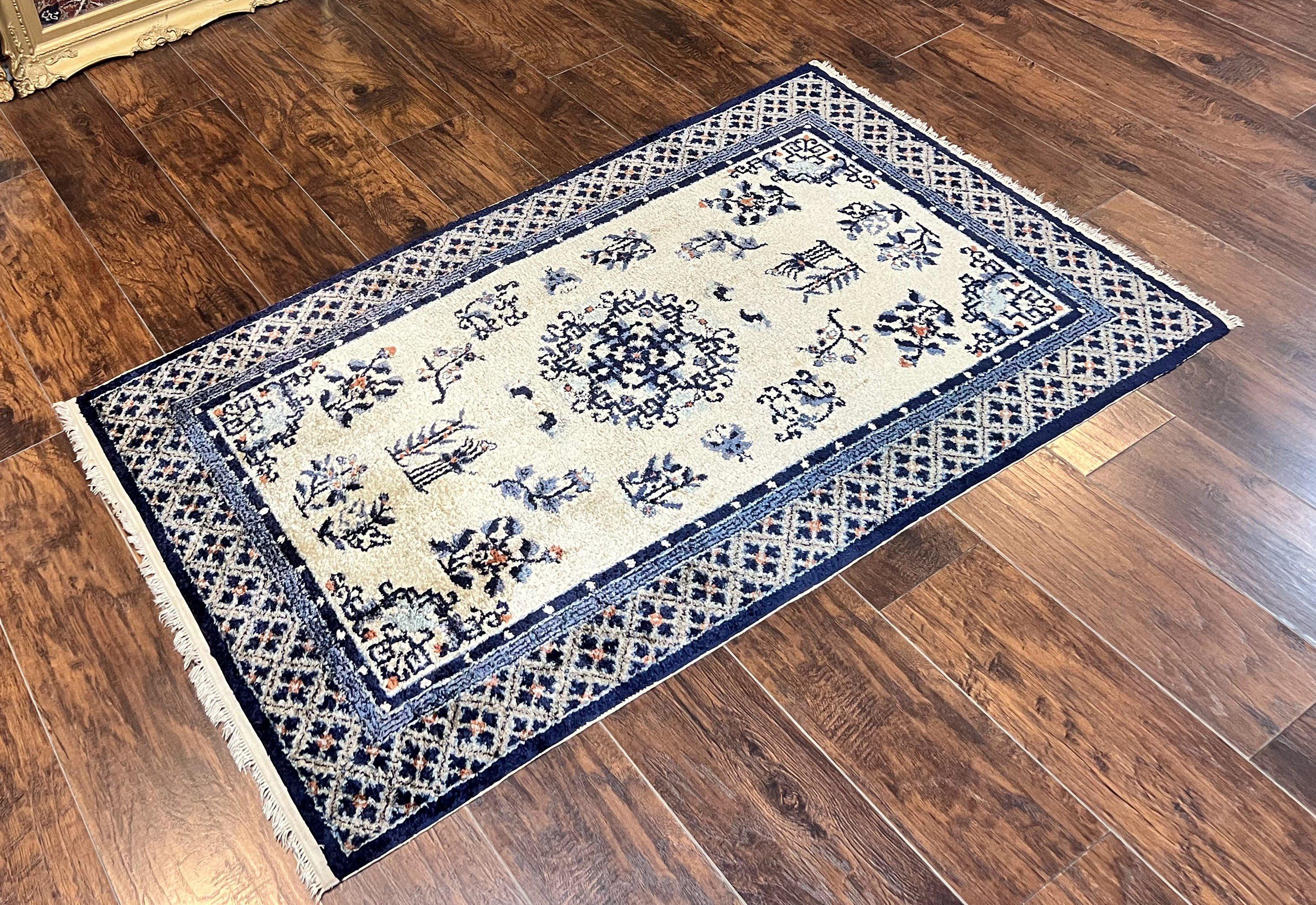 Silk Chinese Rug 3x5, Vintage Handmade Peking Carpet, Asian Oriental Art Deco Rug - Jewel Rugs