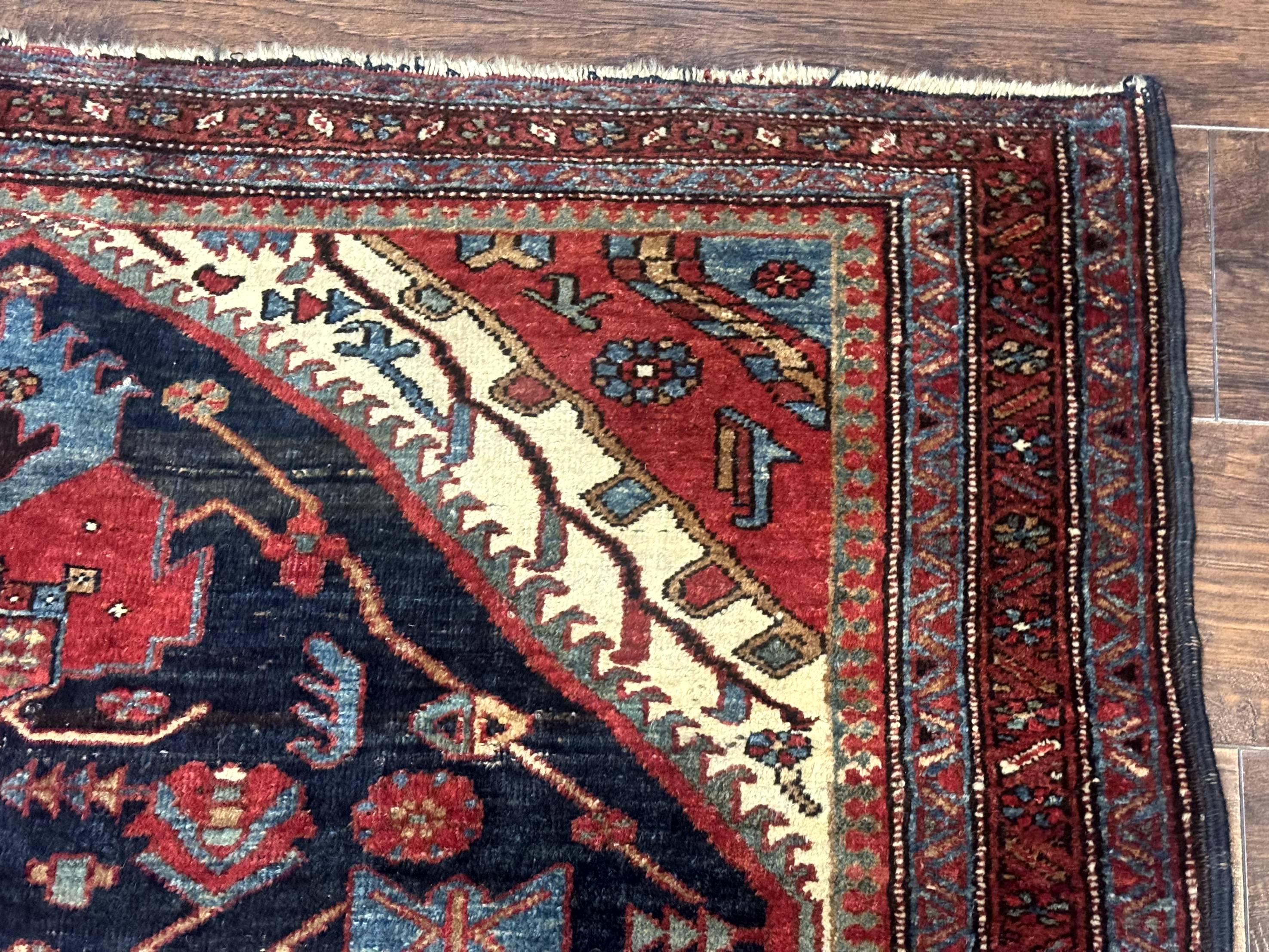 Antique Persian Bidjar Rug 5x6, Navy Blue and Red, Persian Tribal Rug - Jewel Rugs