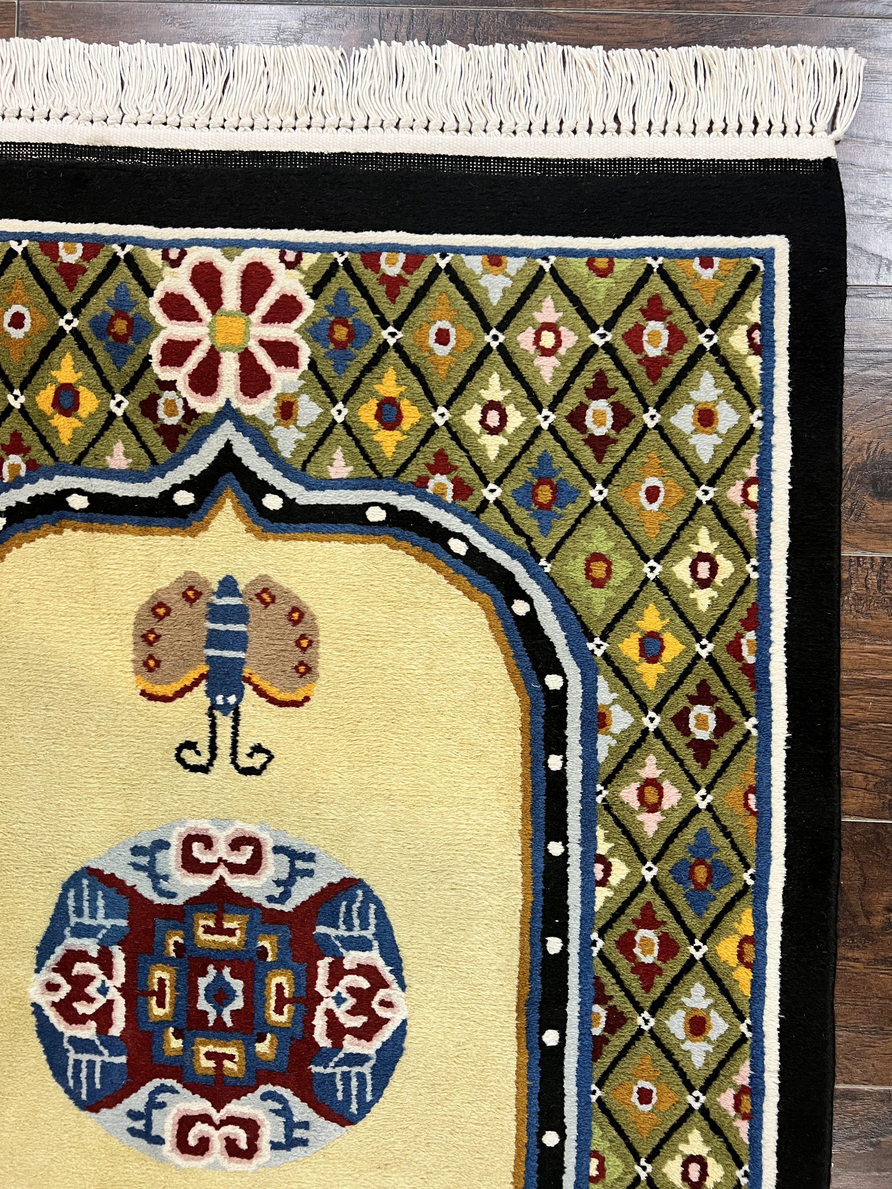 Chinese Rug 3x6 ft, Chinese Wool Rug, Tiensin Rug, Handmade Wool 3 x 6 Vintage Peking Rug, Art Deco Rug, Butterflies - Jewel Rugs