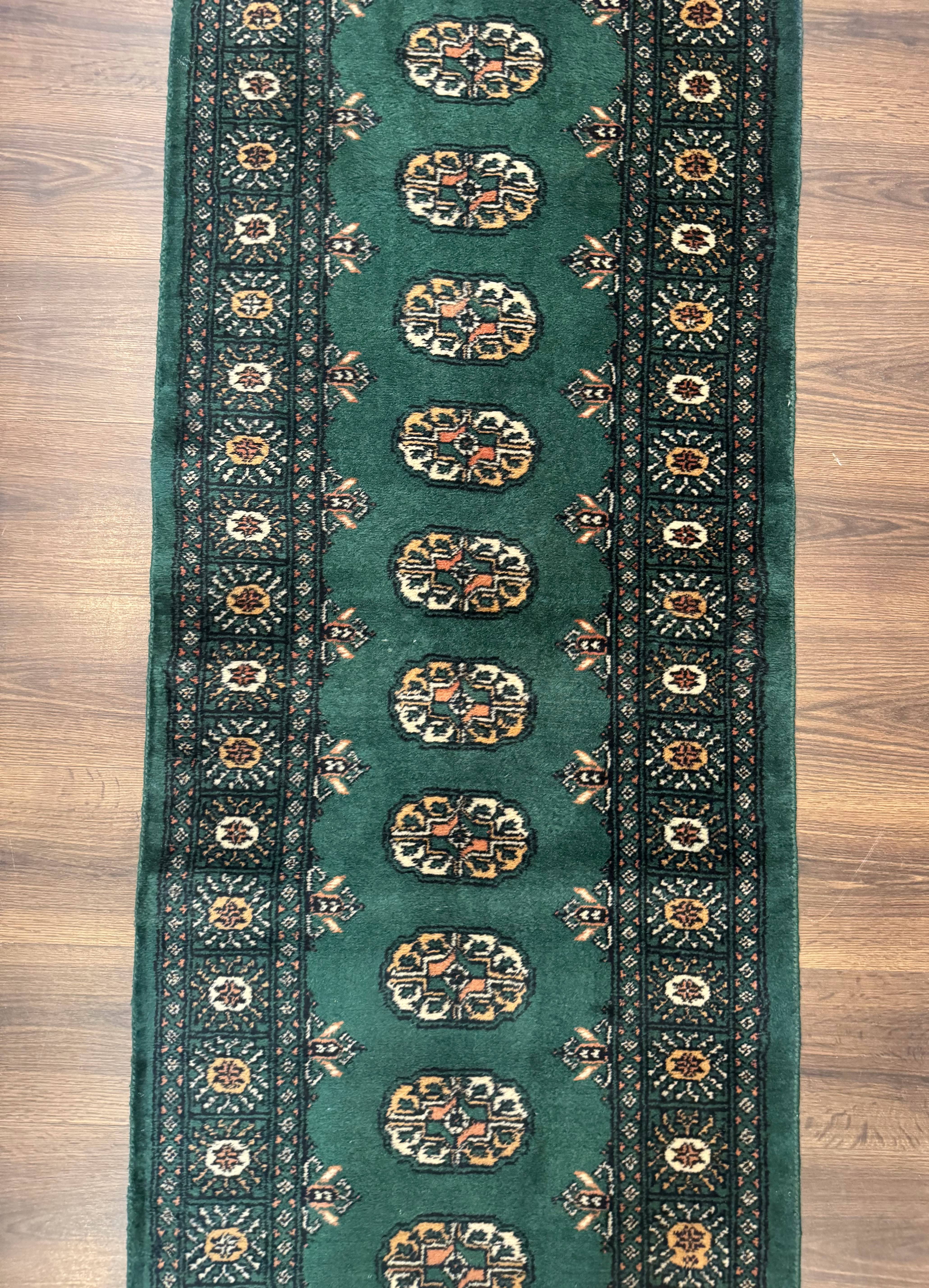 Pakistani Bokhara Runner Rug 2.5 x 11, Green Turkoman Wool Runner for Hallway - Jewel Rugs
