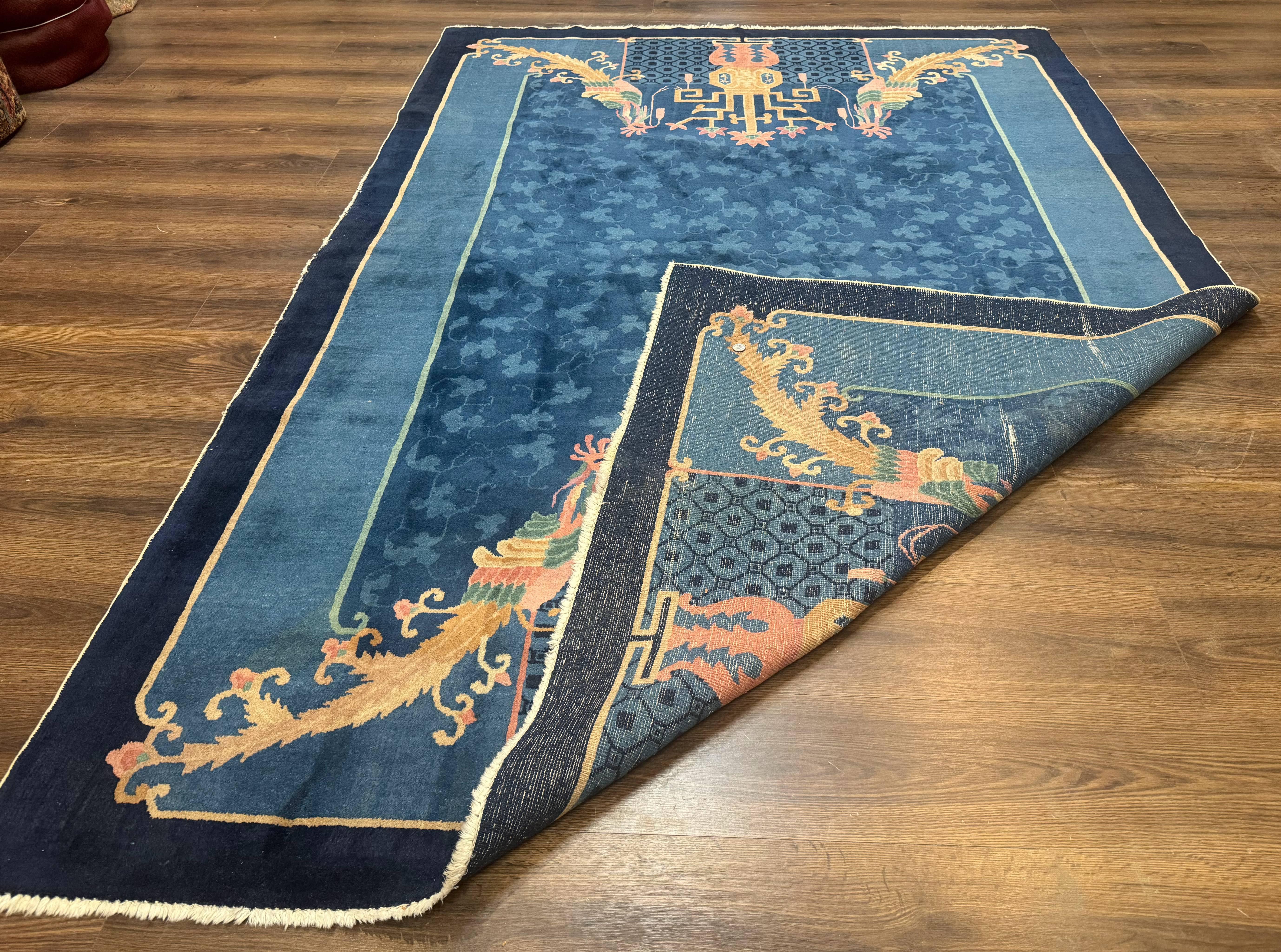 Blue Chinese Wool Rug 6x9, Chinese Peking Rug, Peacocks and Vases, Vintage Carpet - Jewel Rugs
