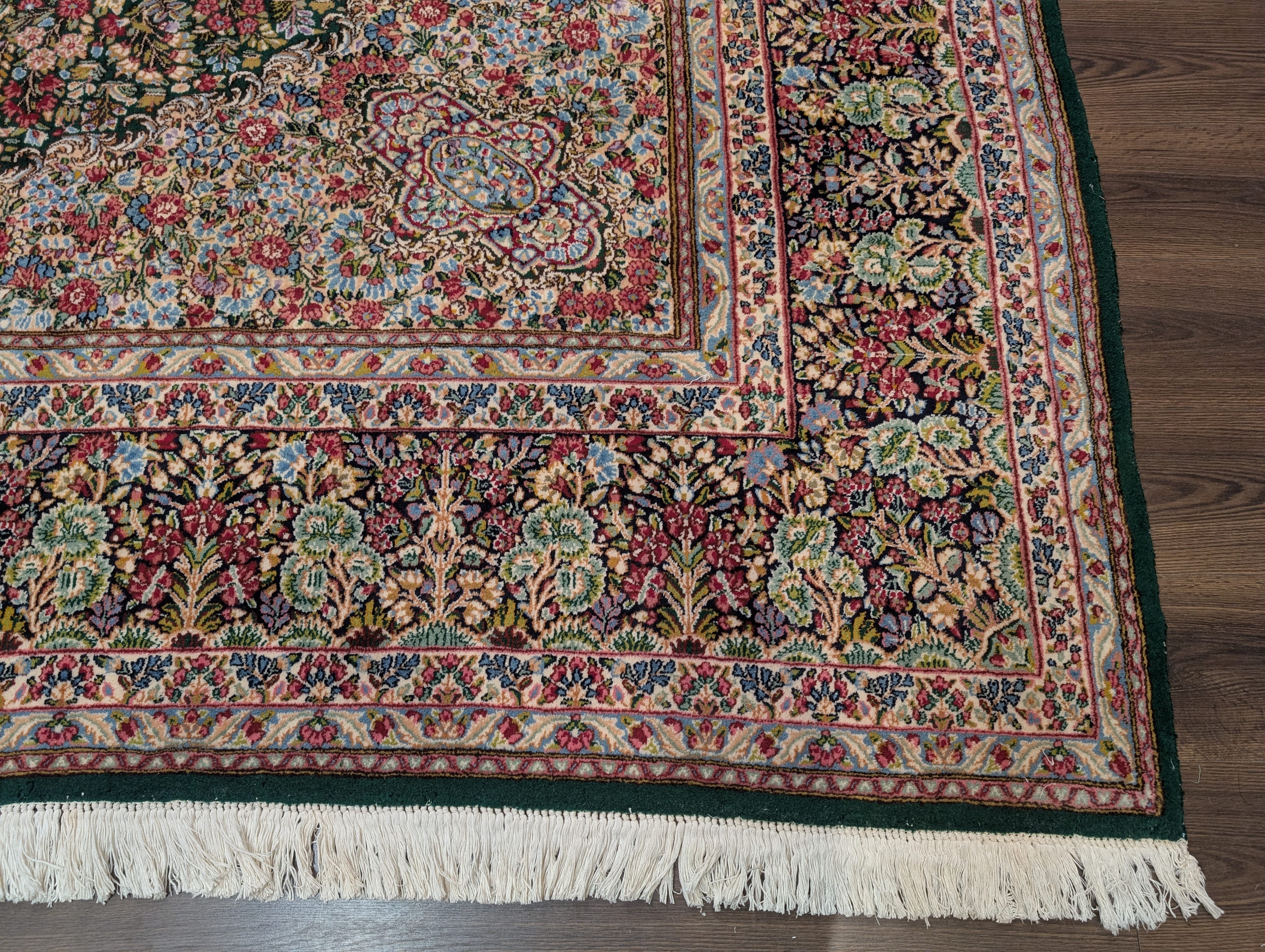Persian Kirman Rug 10x12, Millefleur, Hand-Knotted Wool Carpet, Dark Green Multicolor - Jewel Rugs