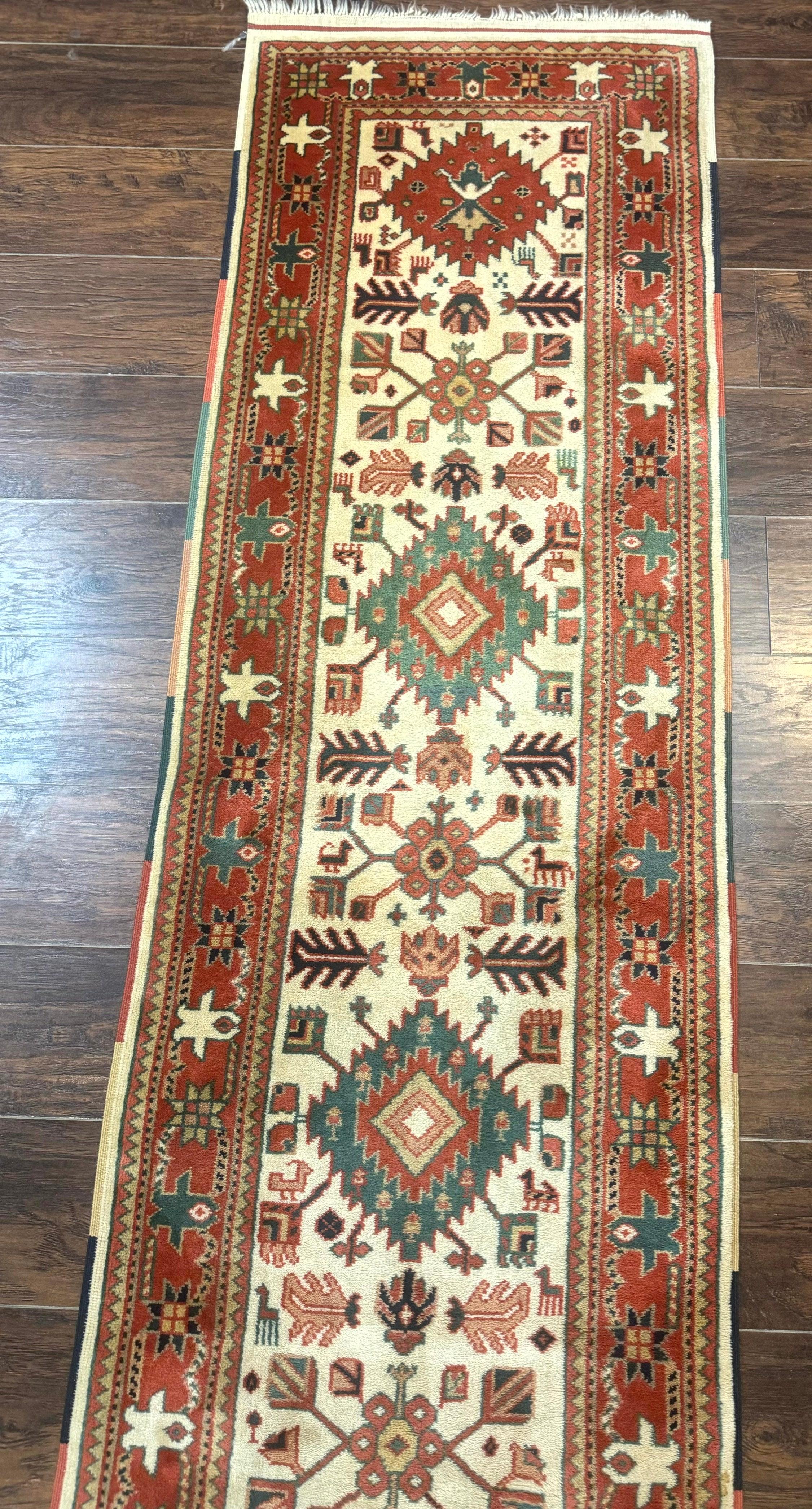 Turkish Runner Rug 2.4 x 8, Kazak Geometric Heriz Pattern, Beige Red - Jewel Rugs