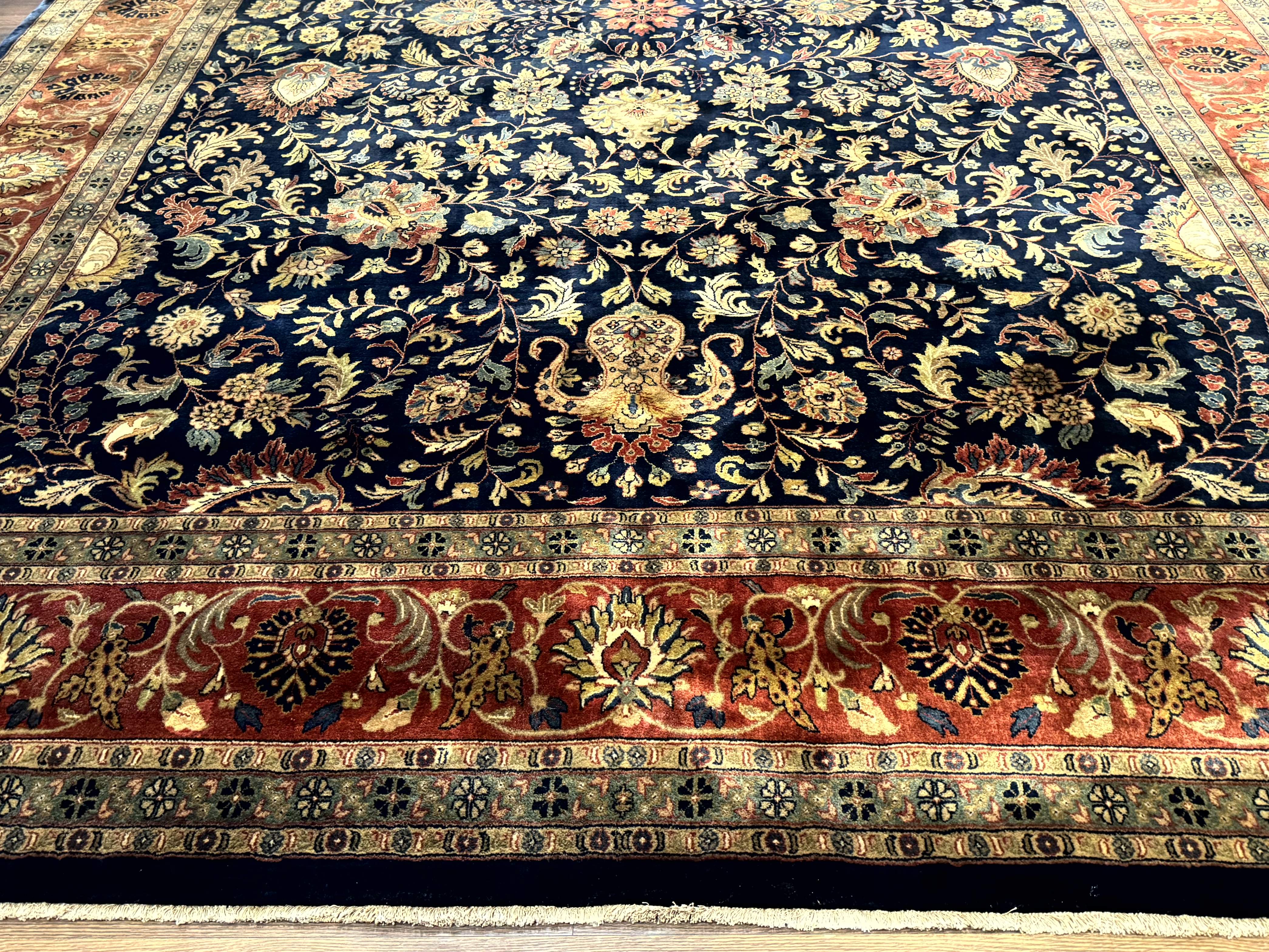 Large Indo Persian Rug 10x14, Navy Blue and Terracotta, Allover Floral Pattern - Jewel Rugs