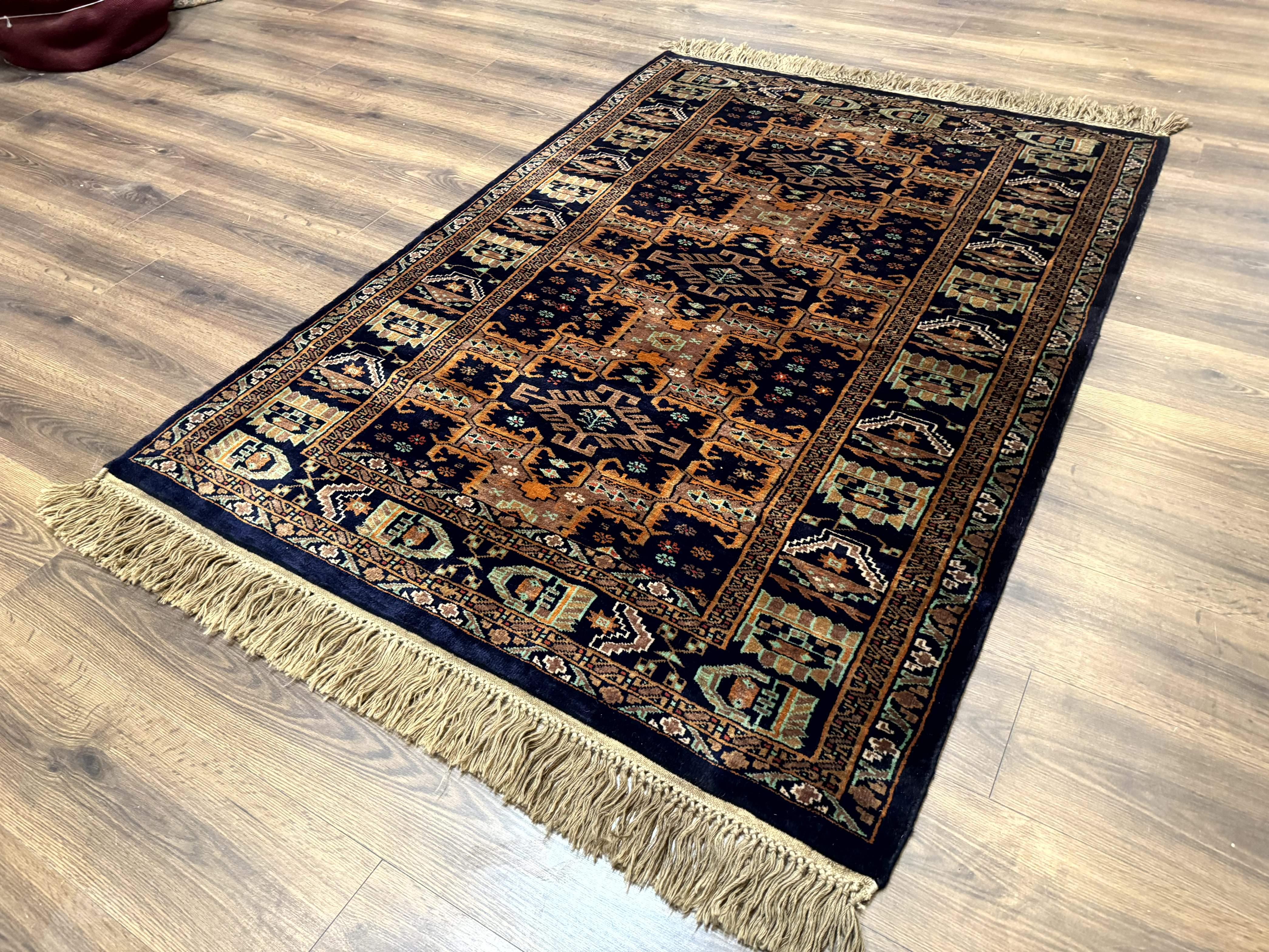 Vintage Afghan Rug 4x6, Navy Blue and Light Brown, Geometric Medallions, Wool on Wool, Tribal Rug - Jewel Rugs