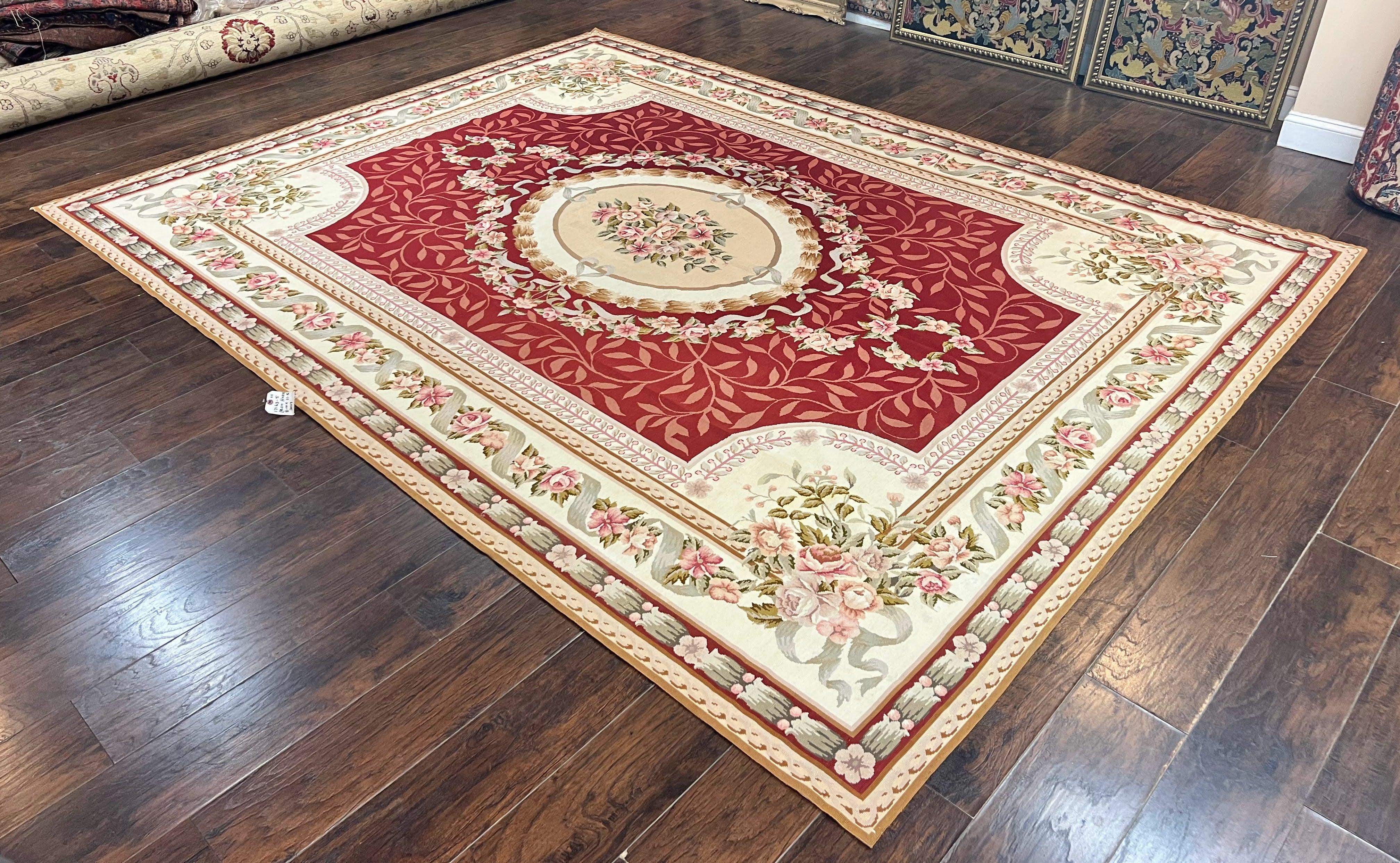 Wonderful Aubusson Rug 9x12, Handmade Vintage Needlepoint Carpet, Red and Ivory, Elegant European Design, Wool - Jewel Rugs