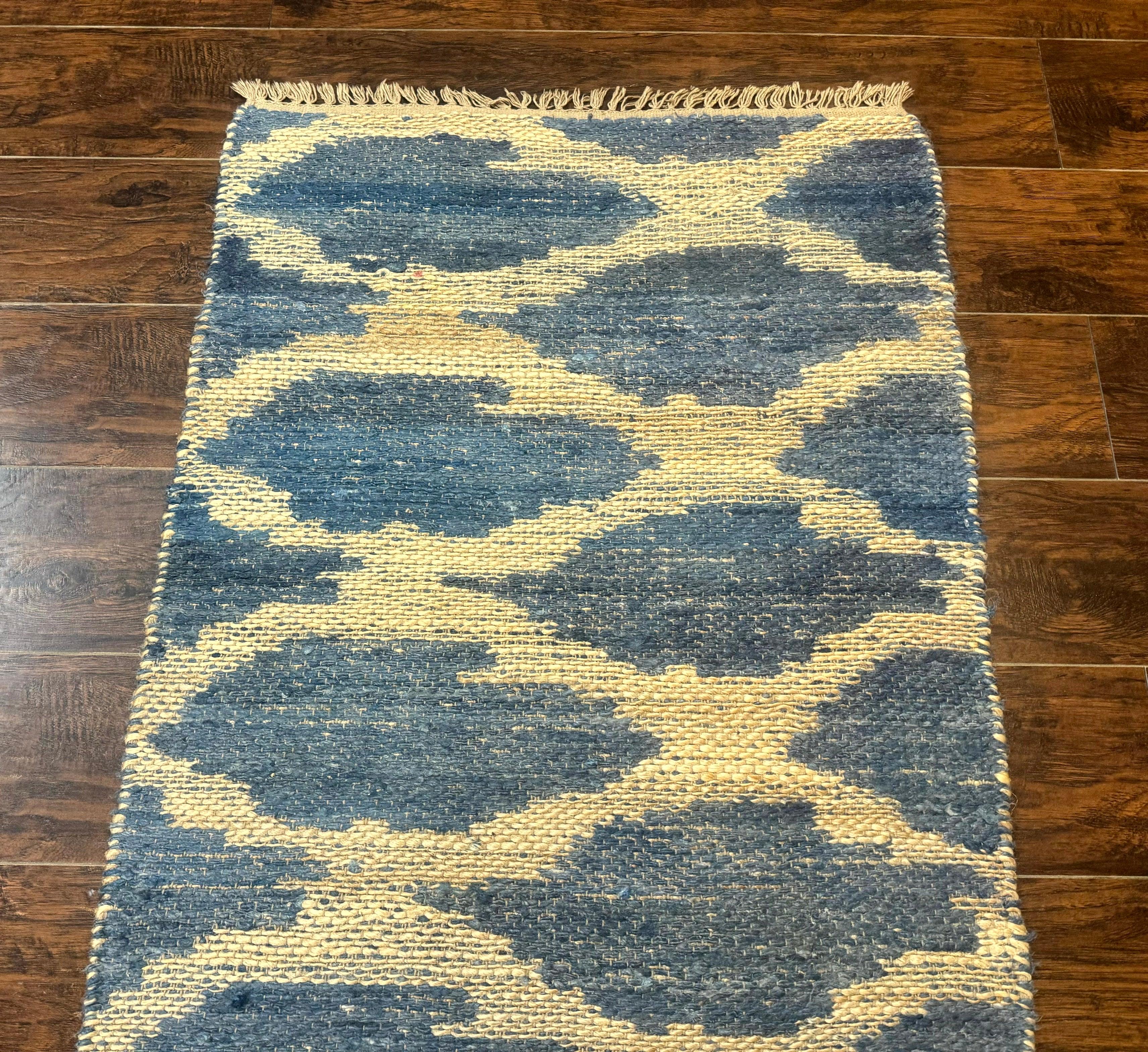 Modern Jute Runner Rug 2.9 x 7.9, Beige and Blue, Handwoven, Kaleen Rug - Jewel Rugs