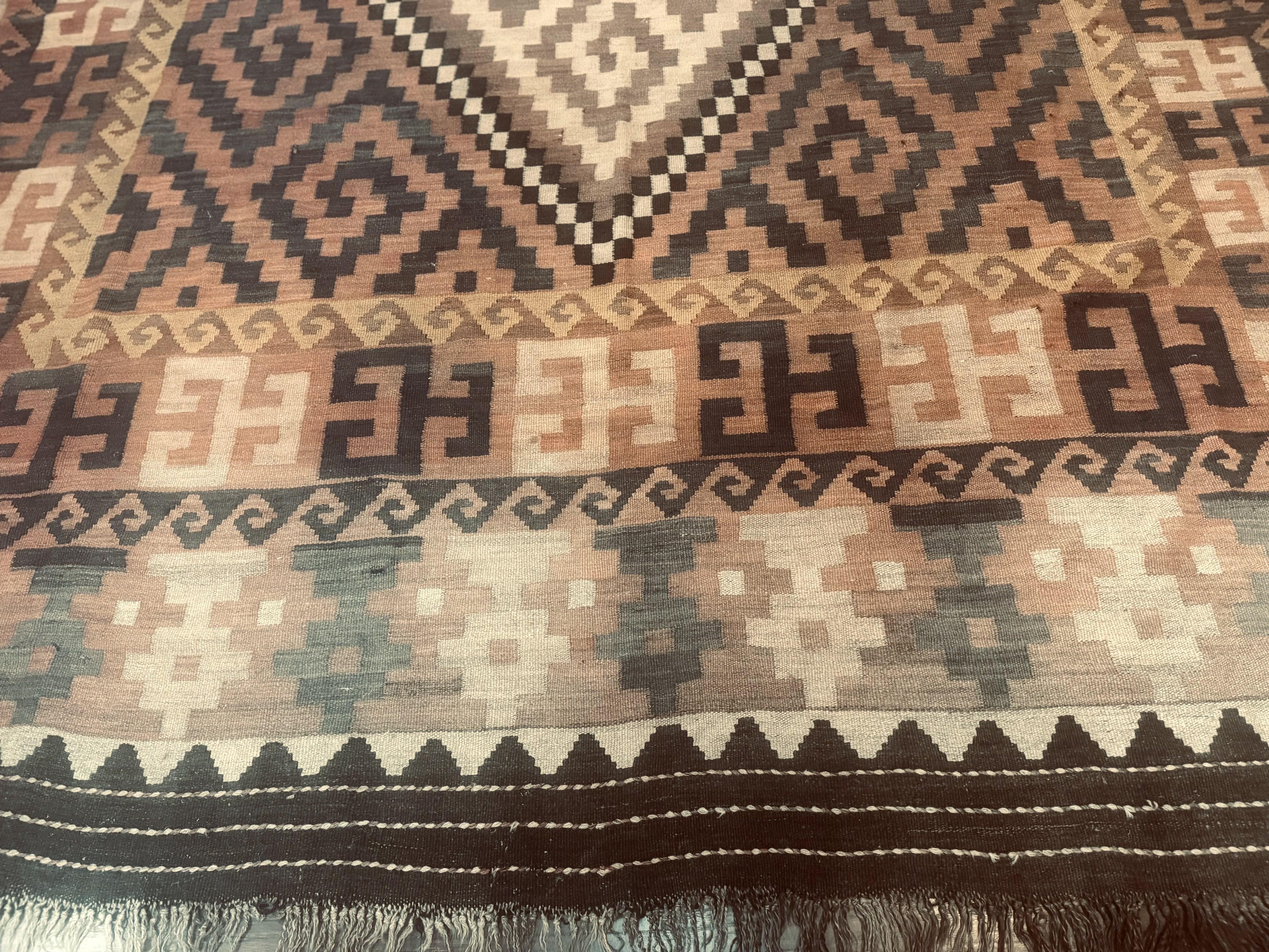 Antique Persian Tribal Kilim Rug 9x12, Zig Zag Pattern Kilim, Zarand Rug, Wool, Earth Tone Colors - Jewel Rugs