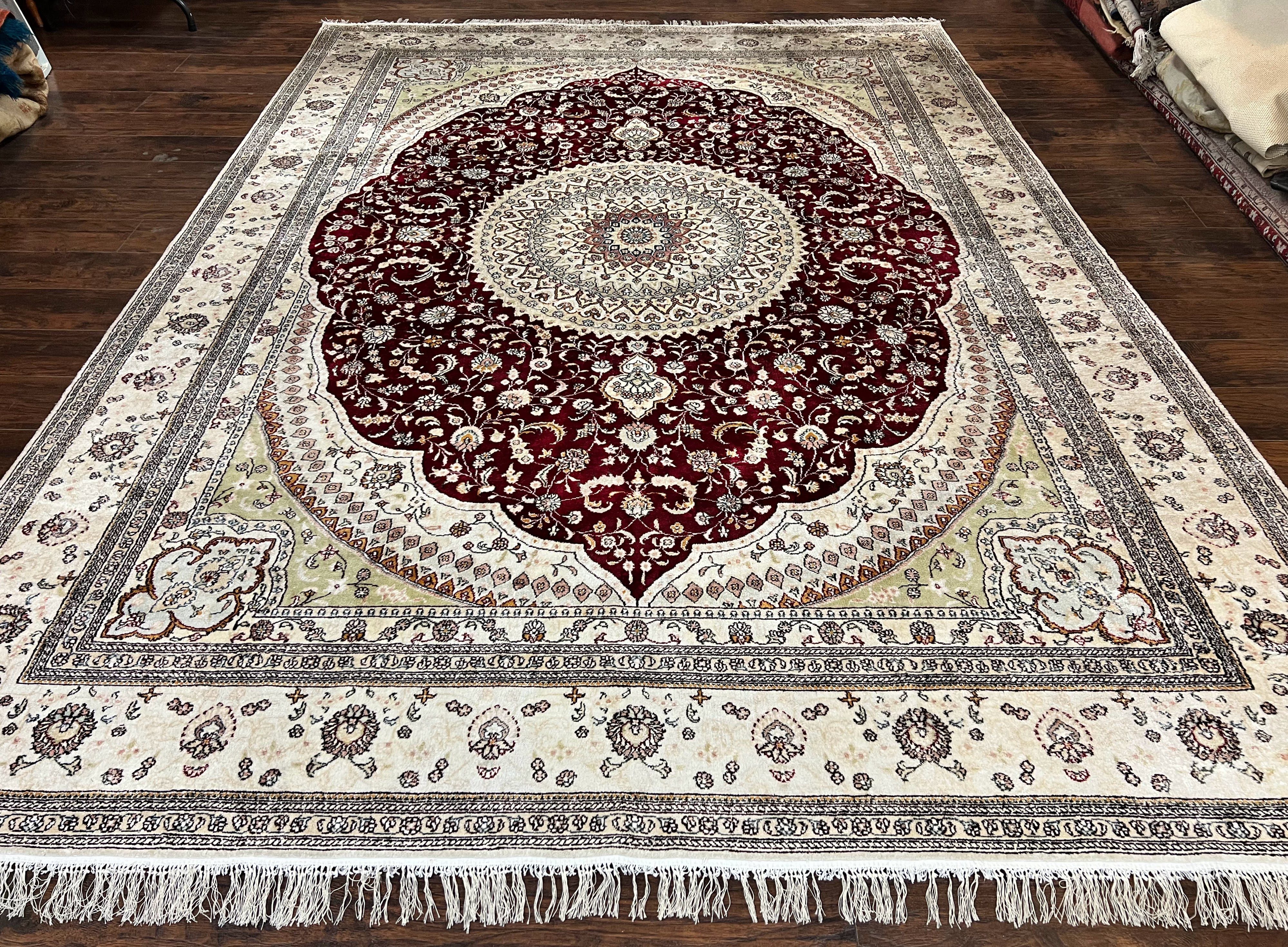 Silk Indian Kashmiri Rug 9x12, Room Sized Silk Carpet, Floral Medallion, Very Fine, Masterpiece Rug, Silk Oriental Rug, Dark Red & Cream Rug - Jewel Rugs