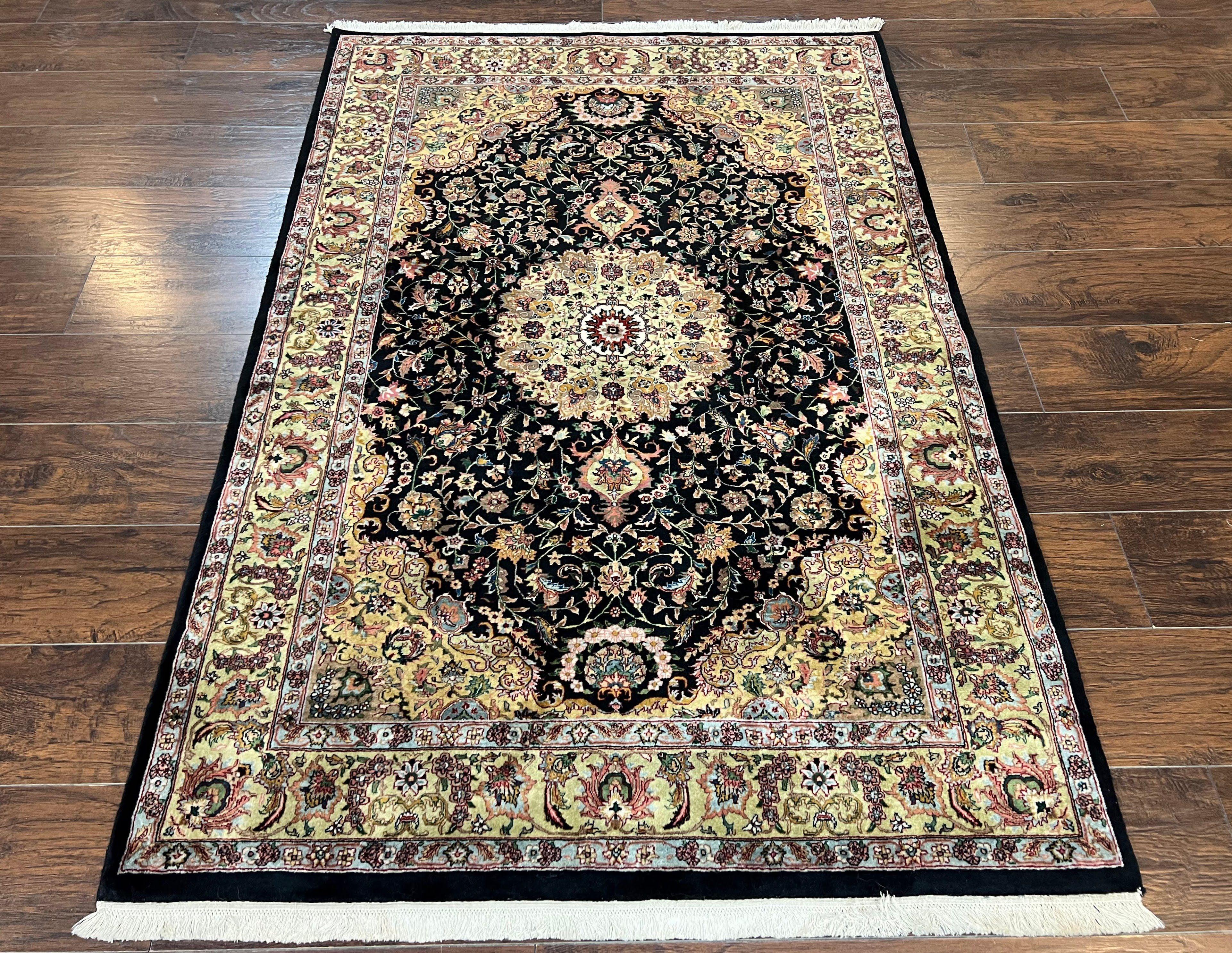 Indo Persian Rug 4x6, Fine Highly Detailed Indian Oriental Carpet 4 x 6 ft, Floral Medallion, Unique Colors, Black Light Gold, Wool Handmade - Jewel Rugs