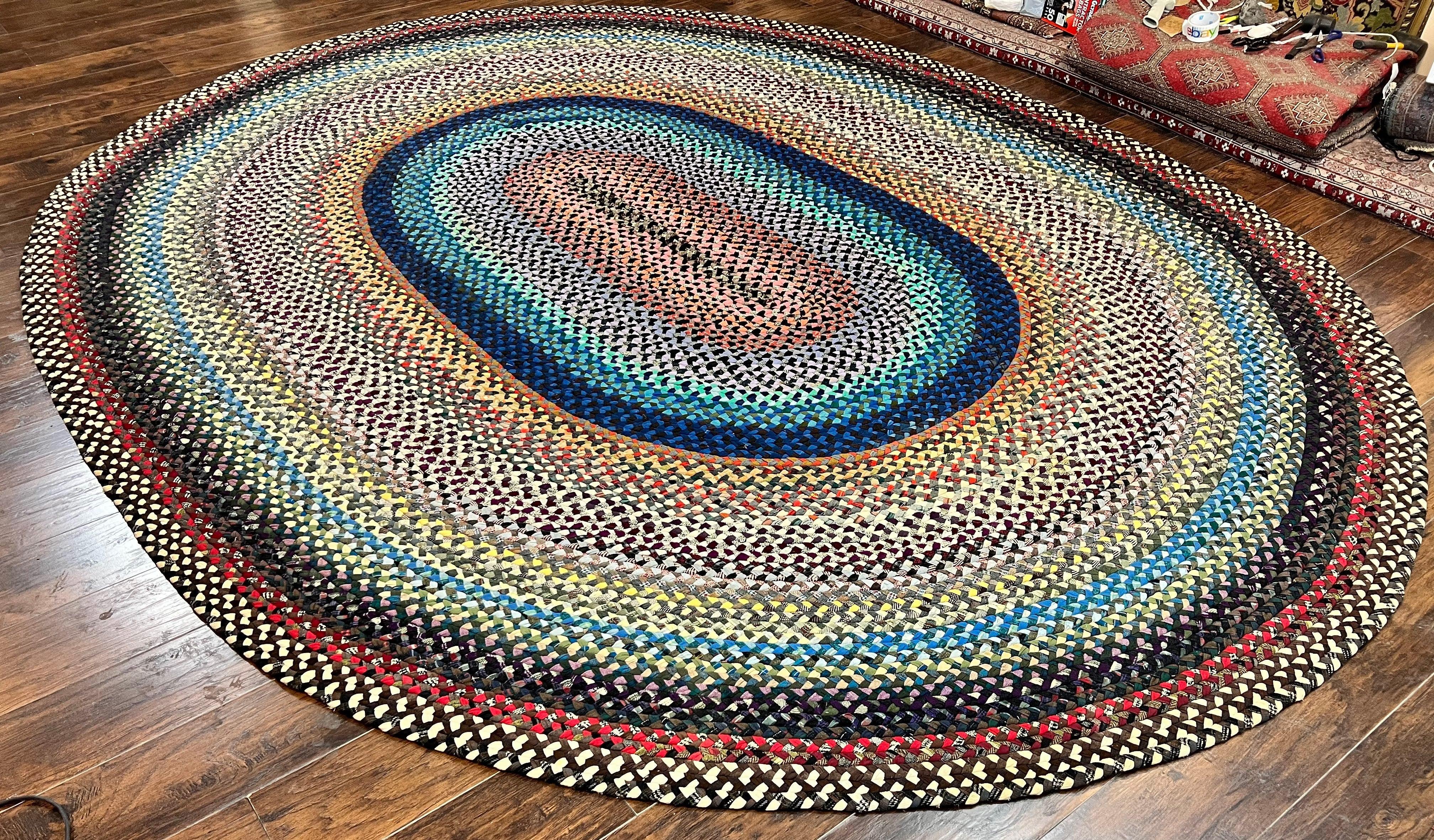 Large American Braided Rug 10x13, Colorful Wool Hand Braided Vintage Mid Century Braided Carpet, Large Multicolor Oval Braided Rug 10 x 13 - Jewel Rugs