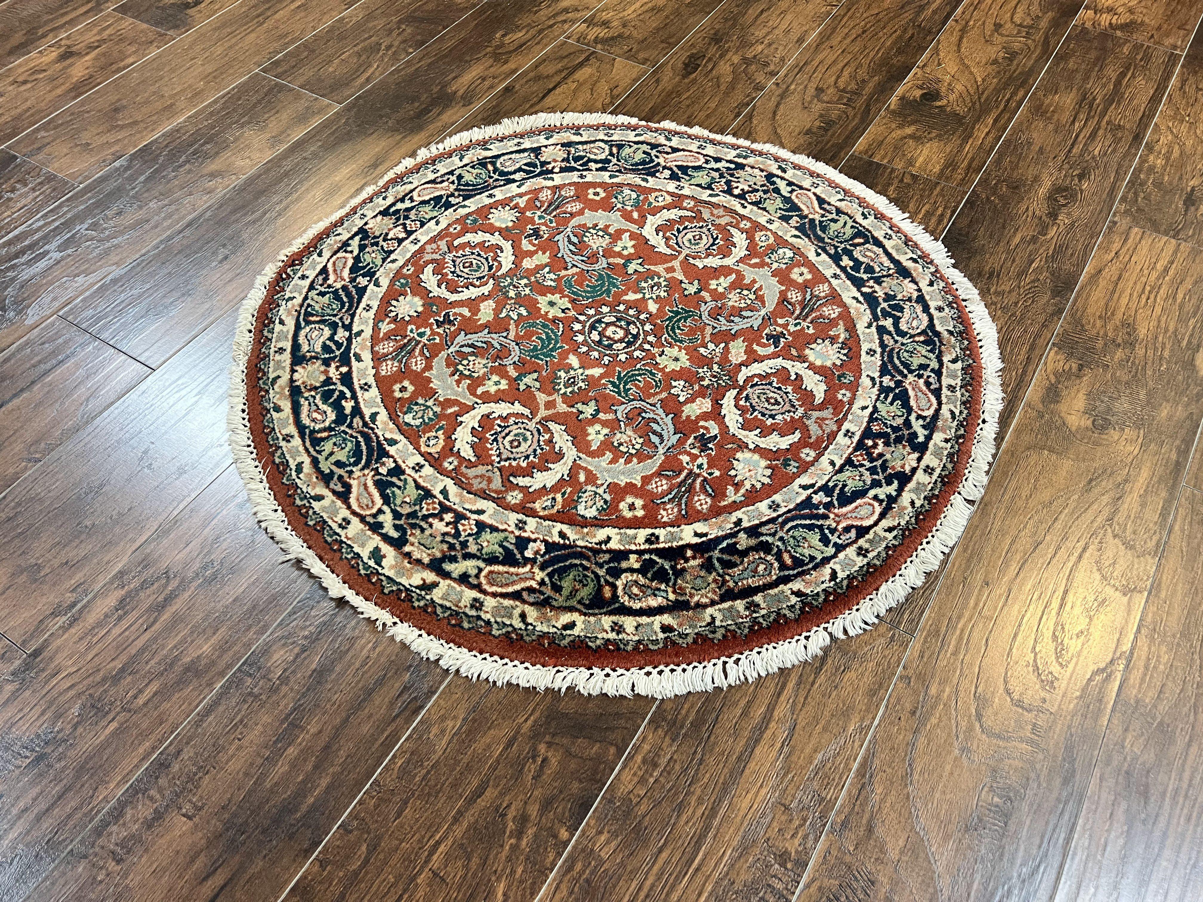 Round Rug 3x3, Indo Persian Oriental Carpet 3ft Round, Small Round Rug, Red Floral Allover Wool Hand Knotted Vintage Traditional Rug - Jewel Rugs